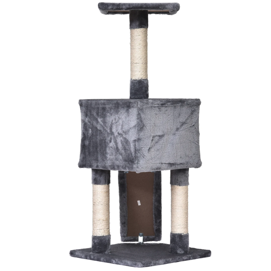 Nancy's Woodhaven Krabpaal - Kattenboom - Kattenhuis - Grot - Grijs - Beige - Bewerkt Hout - Pluche - 40 x 40 x 98 cm