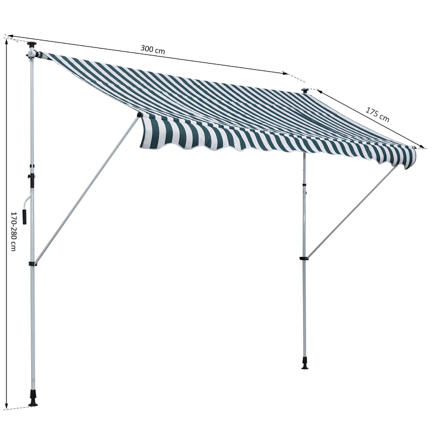 Nancy's Gatesville Luifel - Zonwering - Knikarm - Handslinger - Aluminium - Blauw/Groen - Wit - 3 x 1.5 m