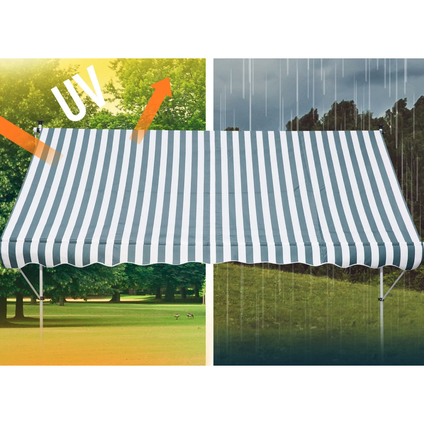 Nancy's Gatesville Luifel - Zonwering - Knikarm - Handslinger - Aluminium - Blauw/Groen - Wit - 3 x 1.5 m