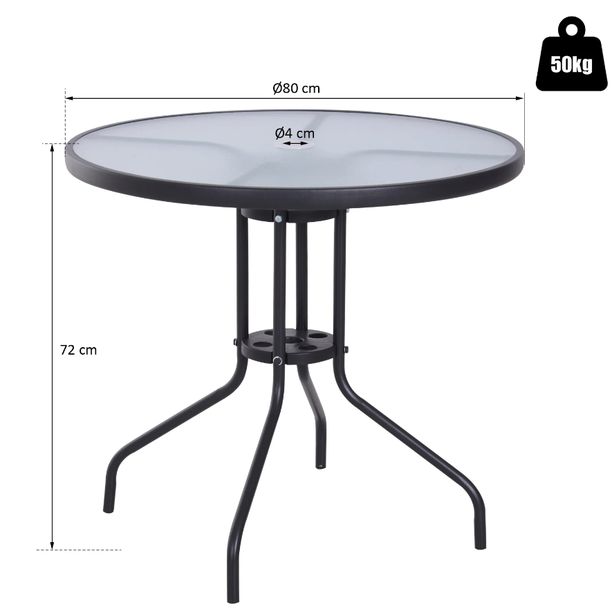 Nancy's Jesup Tuintafel - Balkontafel - Bistrotafel - Parasolgat - Gehard Glas - Metaal - Zwart - 80 x 80 x 72 cm