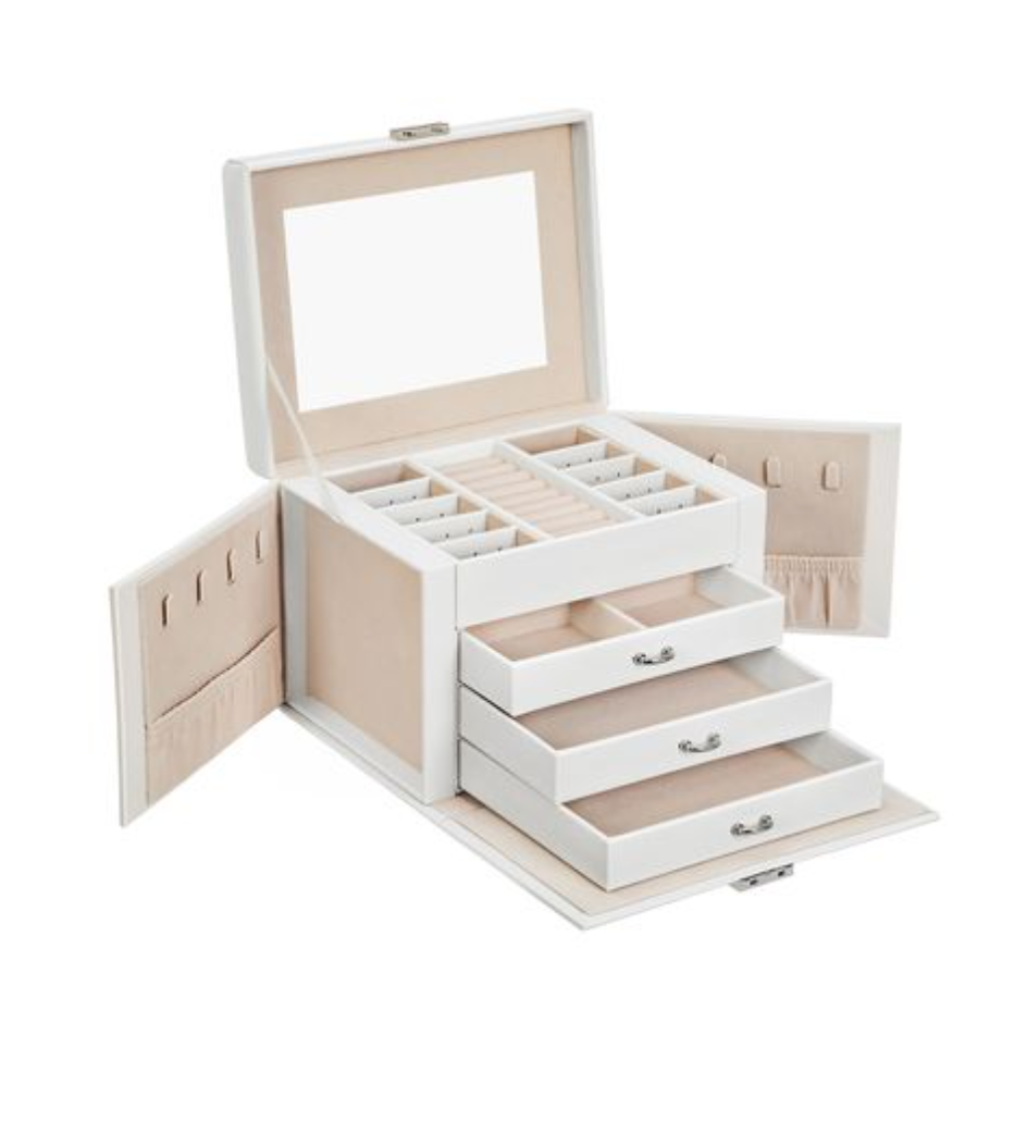 Nancy's Dagle Sieradendoos - Juwelendoos - Sieradenopslag - 4 Niveaus - 3 Lades - Wit - Fluweel - 22,5 x 17,5 x 16,5 cm