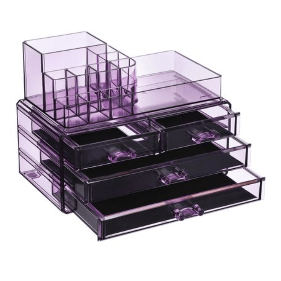 Nancy's James Make-Up Opslag - Make-Up Organizer - Cosmetisch - 3 Lades - Transparant - Open Vakken - Paars - 24 x 13,5 x 18,5 cm
