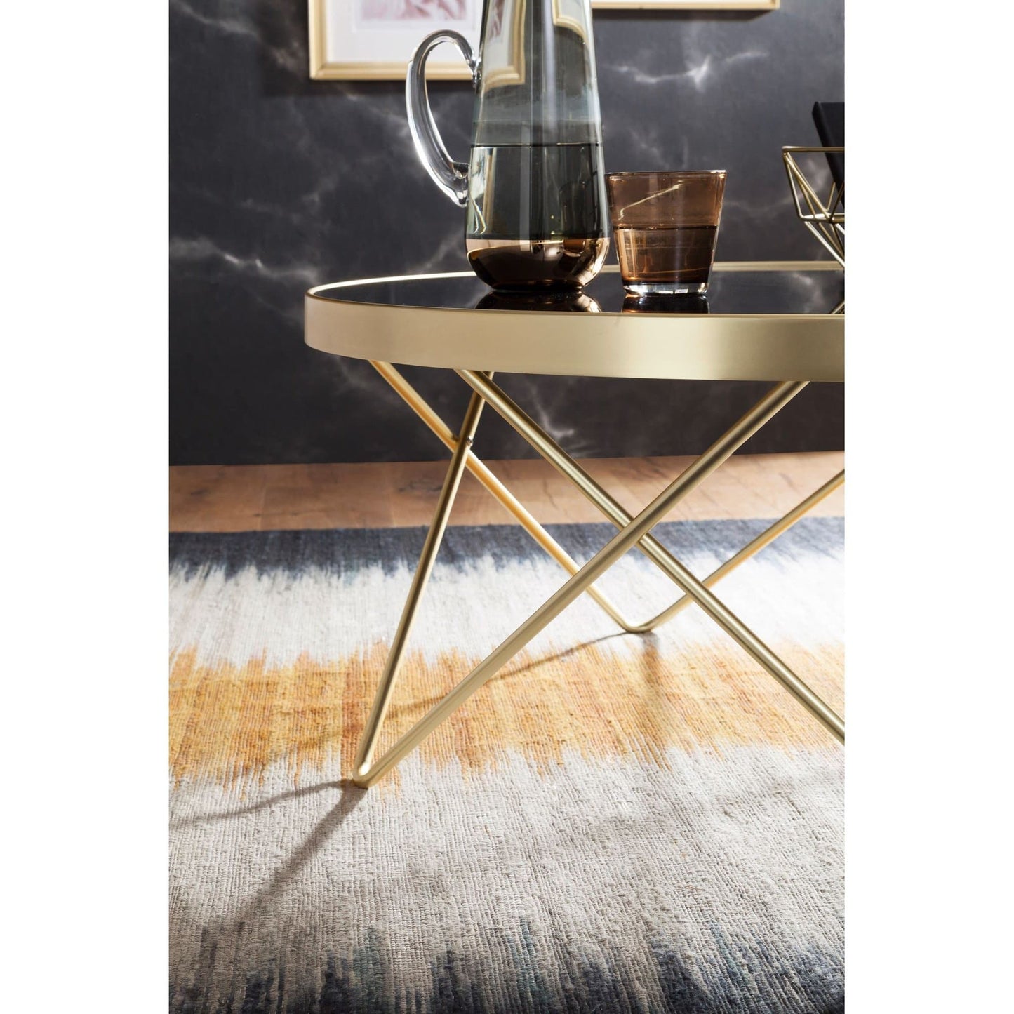Nancy's Edgewater Salontafel - Bijzettafel - Koffietafel - Zwart / Goud - Glas / Staal - ± Ø 80 x 40 cm