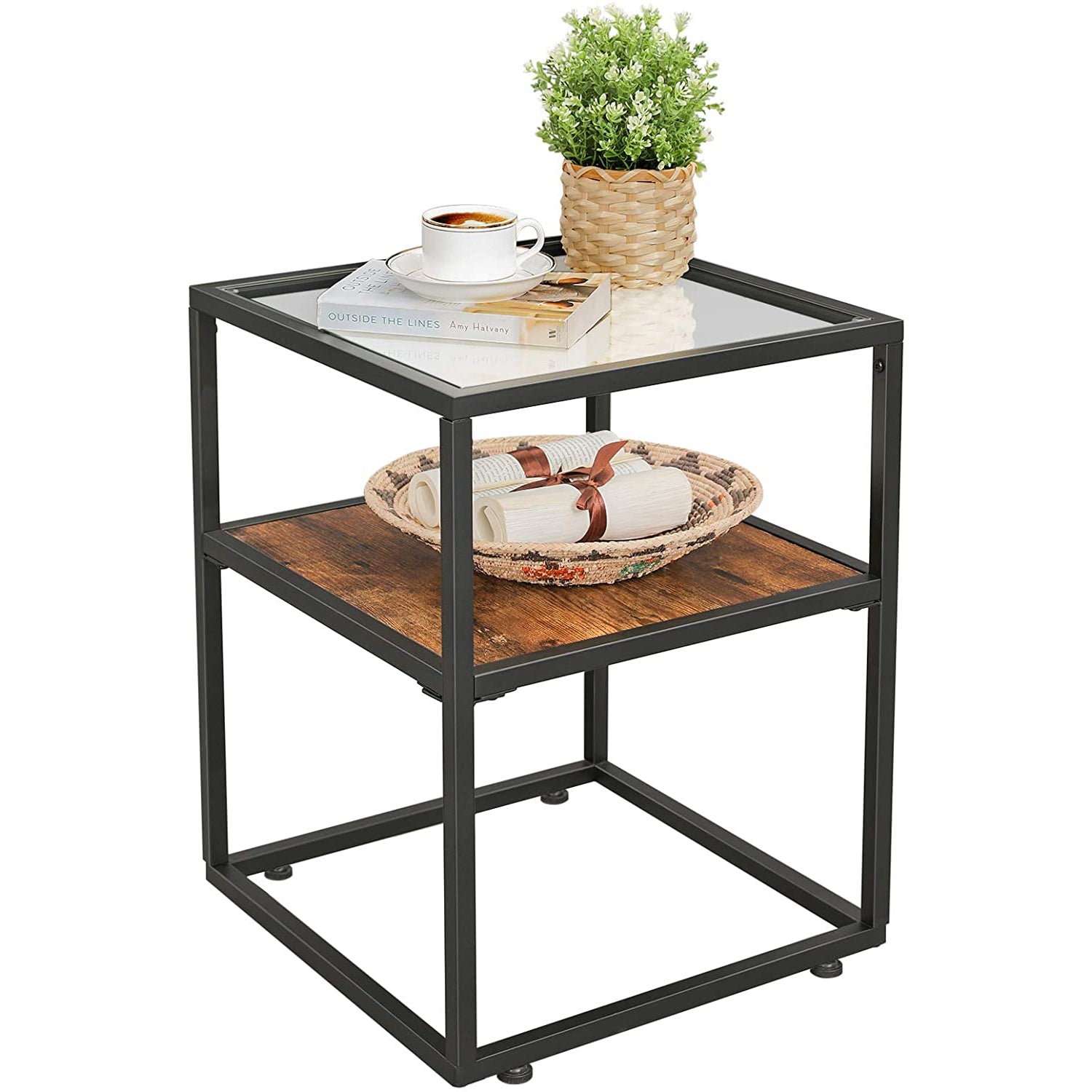 Nancy's Clifford Bijzettafel Met Glasplaat - Nachtkast - Nachtkastjes - Industrieel - 43 x 43 x 54 cm