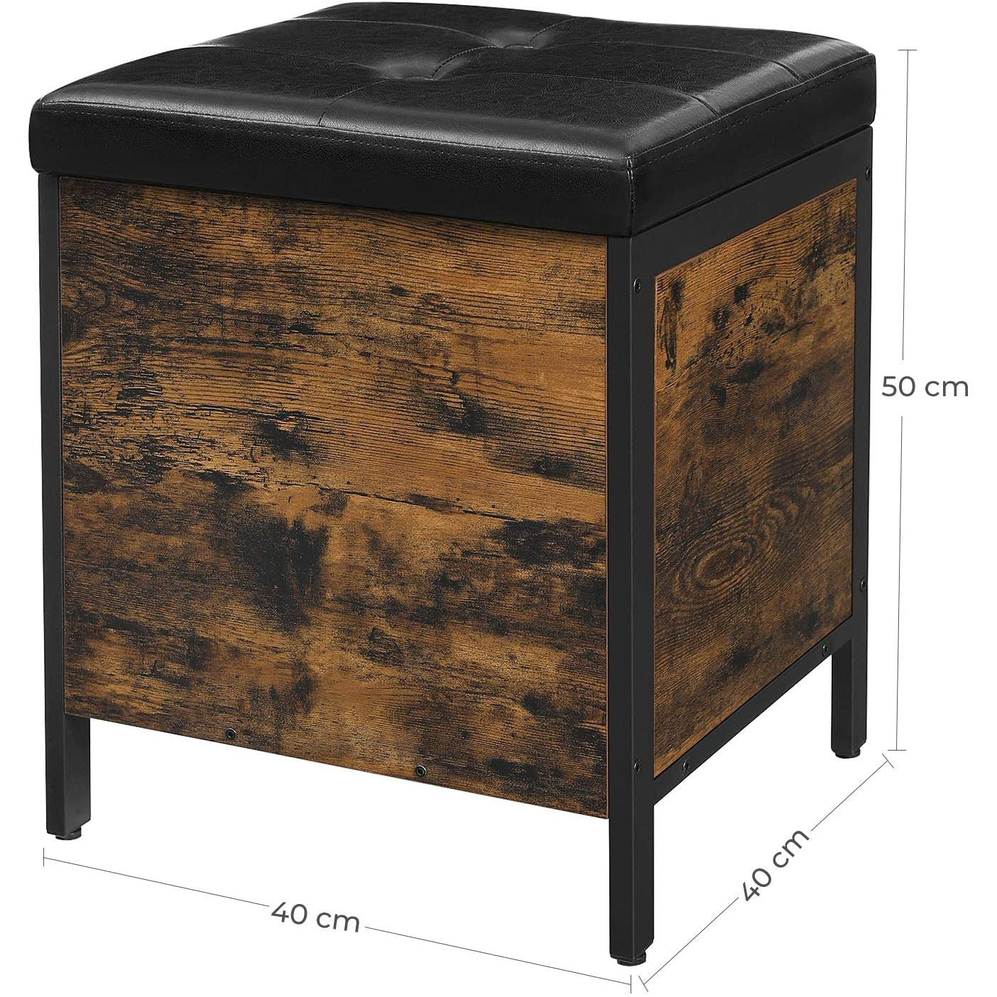 Nancy's Wenatchee Hocker - Krukje met opbergruimte - Schoenenbank - Hockers - Kunstleer en Hout - Industrieel - Bruin/Zwart - 40 x 40 x 50 cm