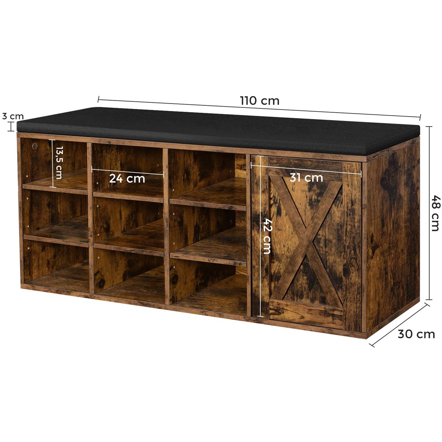 Nancy's Woodland Schoenenbank - Schoenenrek - Schoenenkast - Vintage Bruin - 110 x 30 x 48 cm