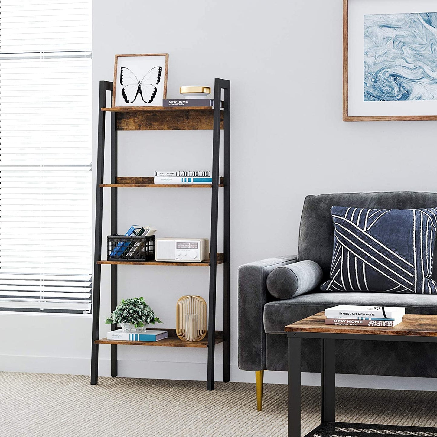 Nancy's Harvey Boekenrek - Ladderkast - Staande Boekenkast 4 Laags - Industrieel - Bruin - 56 x 34 x 137,5 cm L x B x H