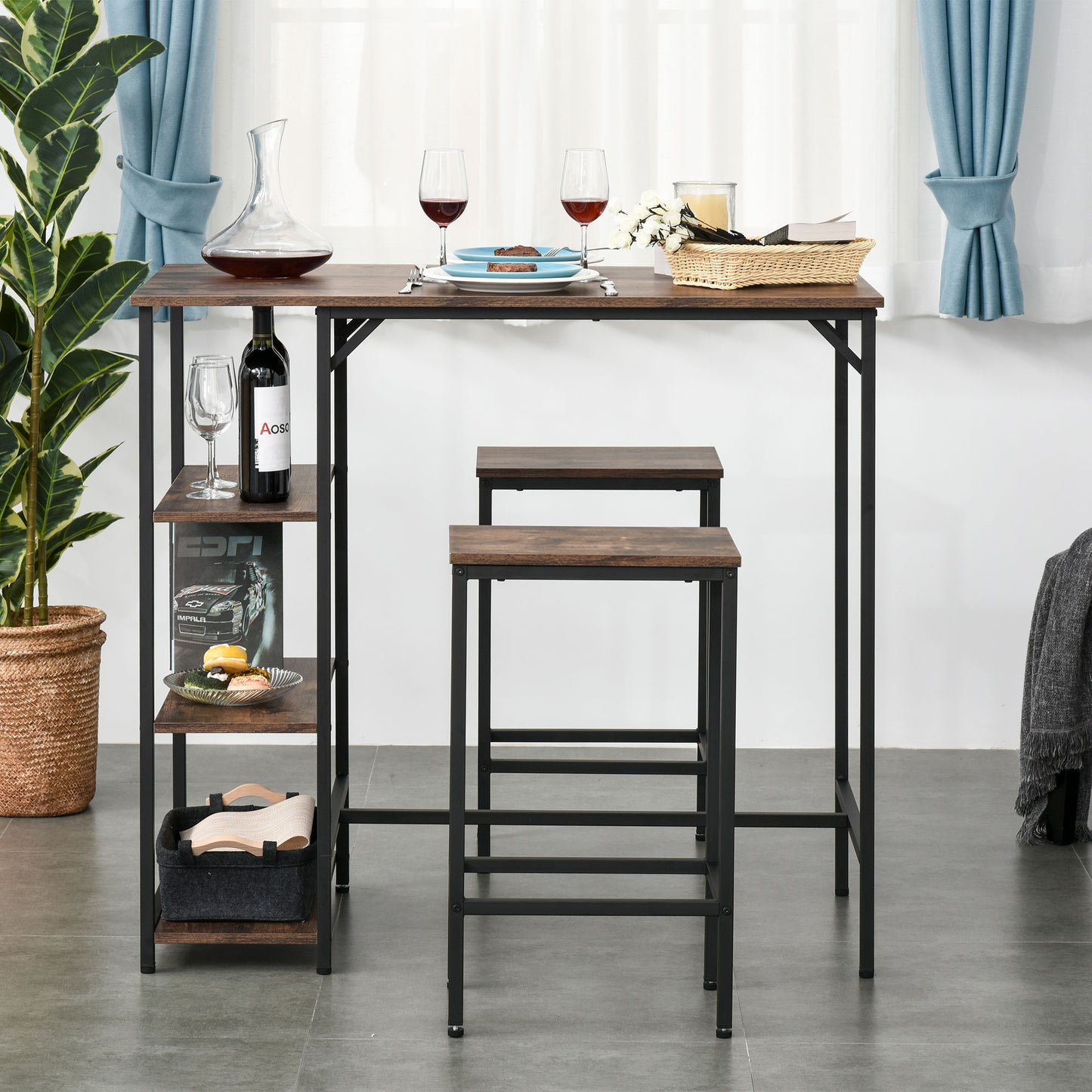 Nancy's Laie Bartafelset - Bar Set - 2 Barkrukken - Hoge Tafel - Staal - Zwart/Bruin - 109 x 60 x 100 cm