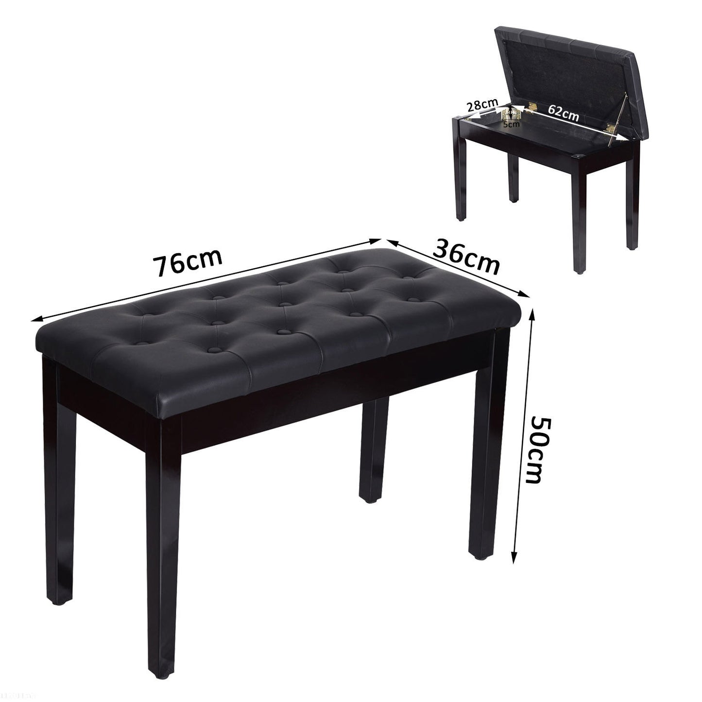 Nancy's Elkton Kruk - Pianobank - Pianokruk - Make-Up Kruk - Opbergruimte - 76 x 36 x 50 cm - Kunstleer - Hardhout - Zwart