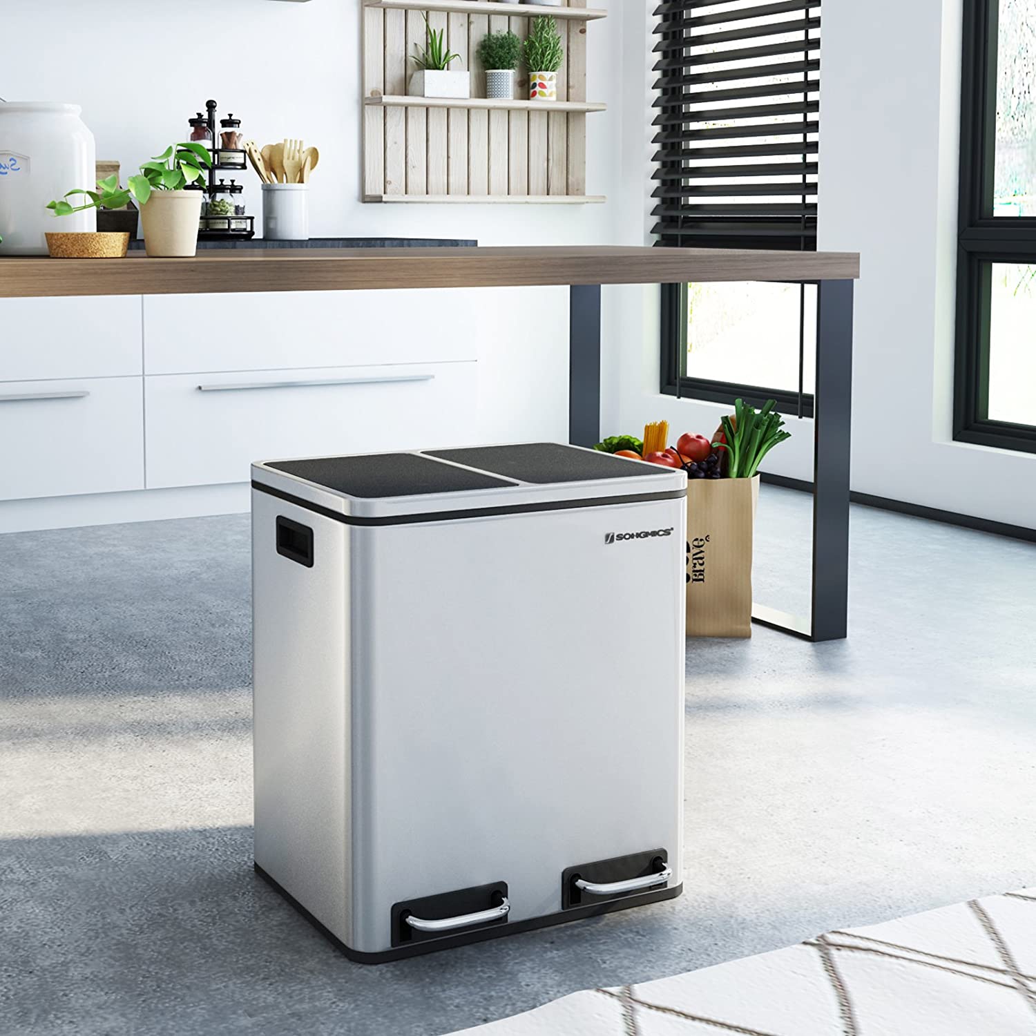 Poubelle Amendoeira de Nancy - Tri des déchets - Poubelle à pédale - Poubelle - Argent - Acier inoxydable - 30 Litres