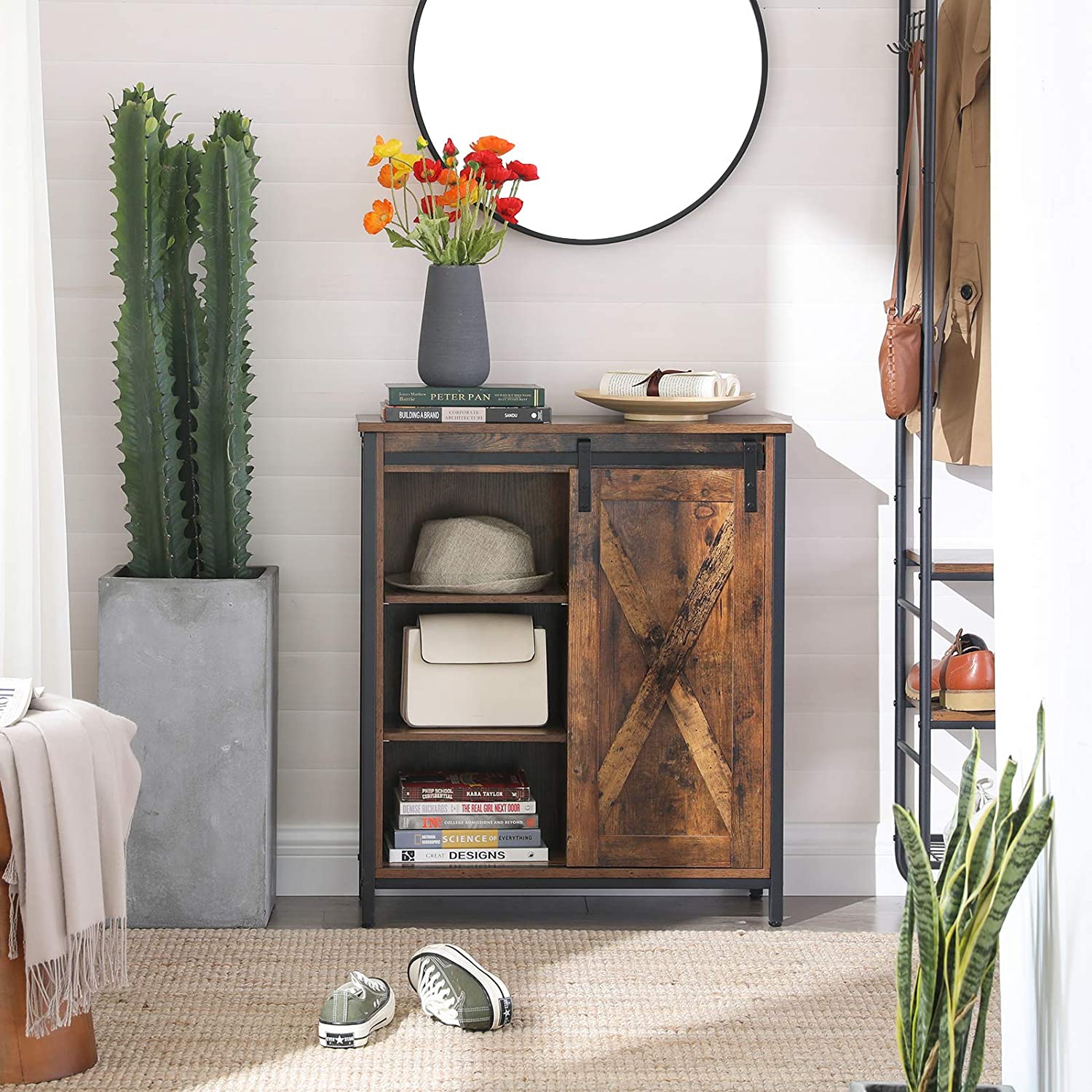 Armoire de rangement Nancy's Woodland - Buffet - Vintage Marron / Noir - Aggloméré / Acier - 70 x 30 x 80 cm