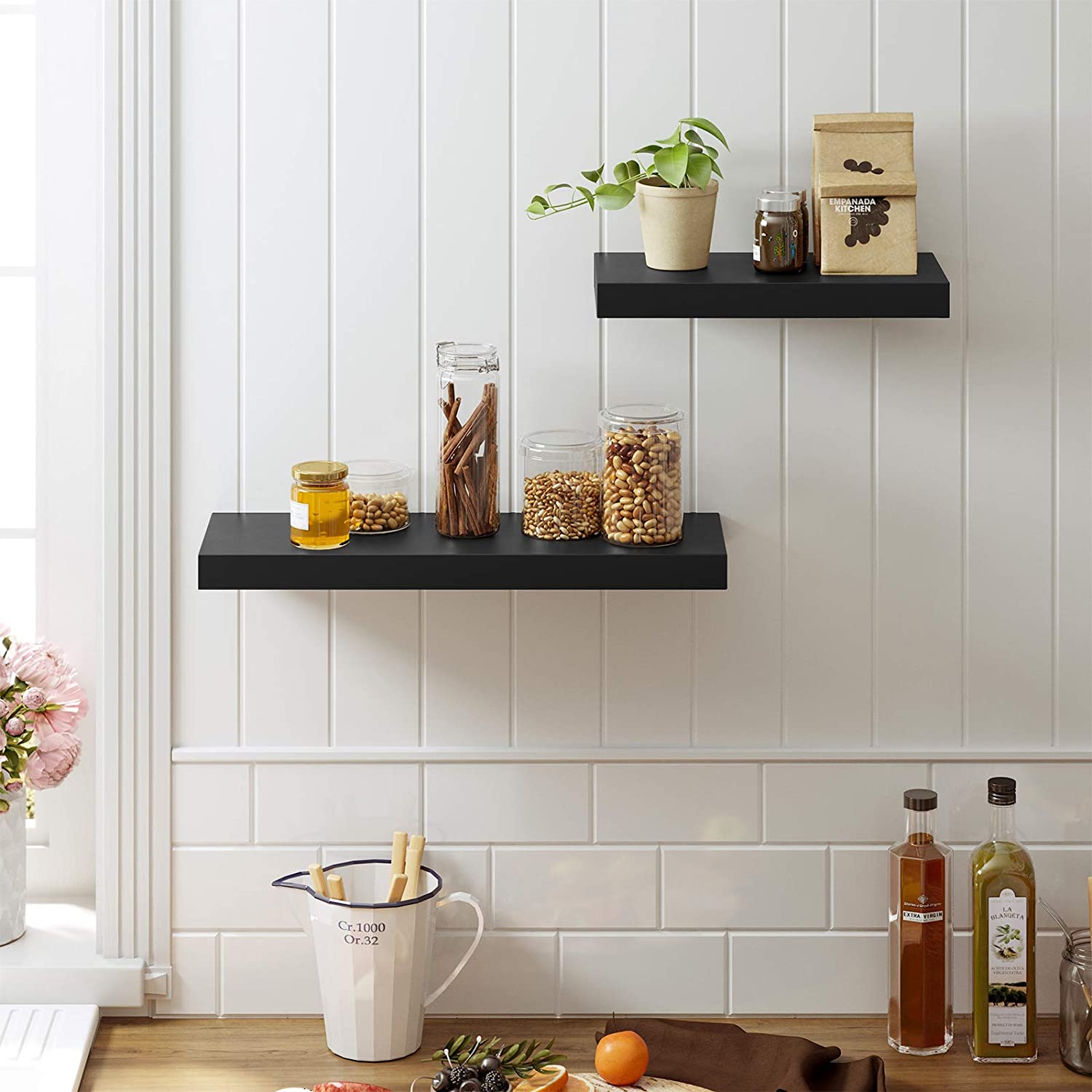 Nancy's Wandplank Hout Zwart - Wandplank Zwevend - Wandplanken - 40 x 20 x 3,8 cm
