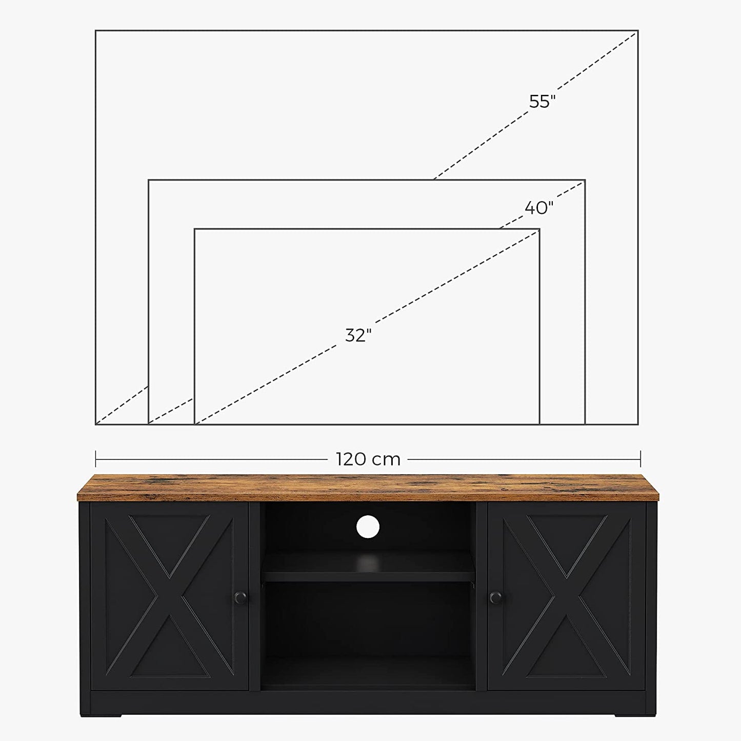 Nancy's Hawthorne TV Meubel - TV Kast - Opbergruimte - 2 Deuren - Tot 55 Inch - Verstelbare Planken - Bewerkt Hout - Staal - Bruin - Zwart - 120 x 40 x 46 cm