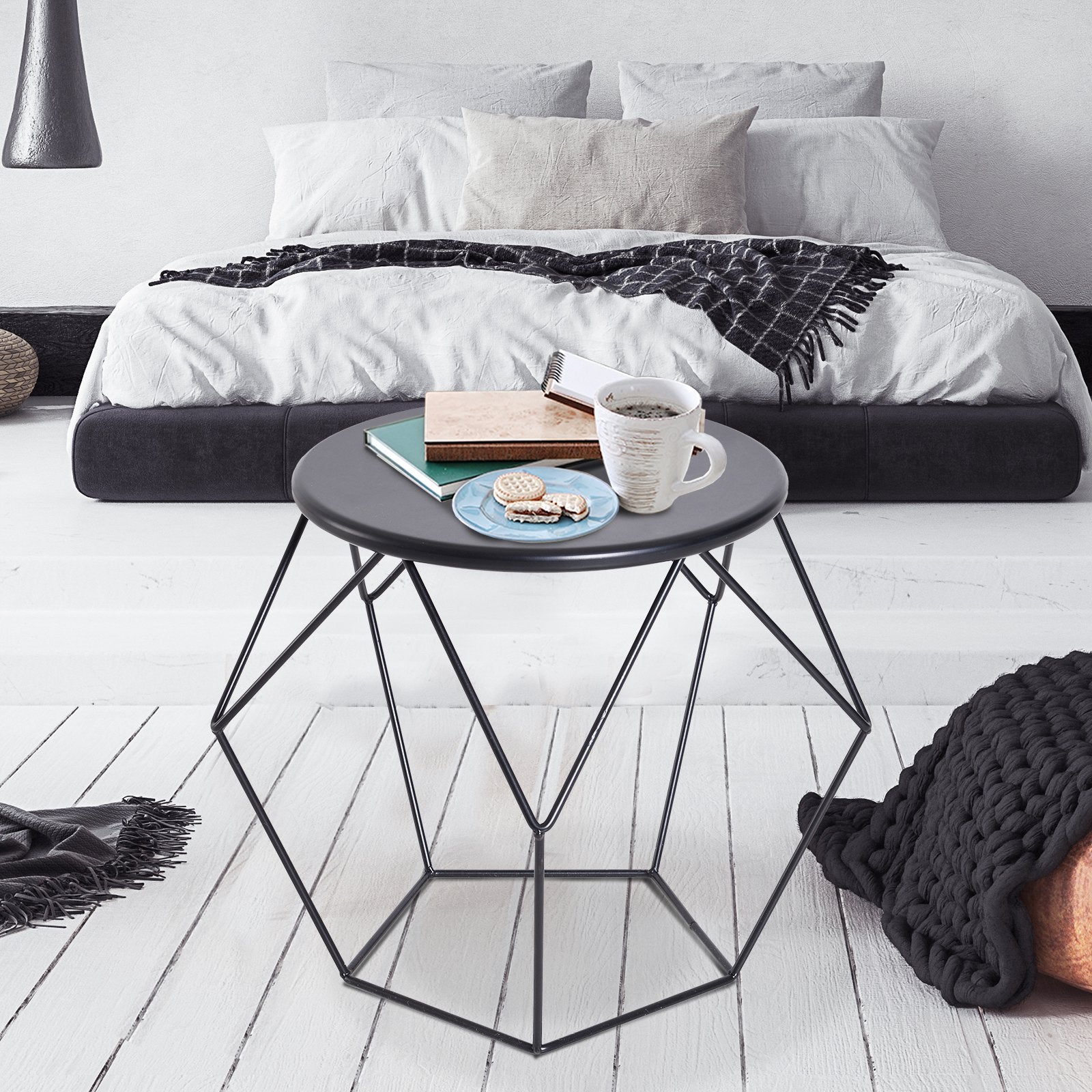 Nancy's Bismarck Coffee Table - Side Table - Bedside Table - Round Table Top - Diamond - 54 x 54 x 44 cm - Metal - Basket - Storage Space - Black