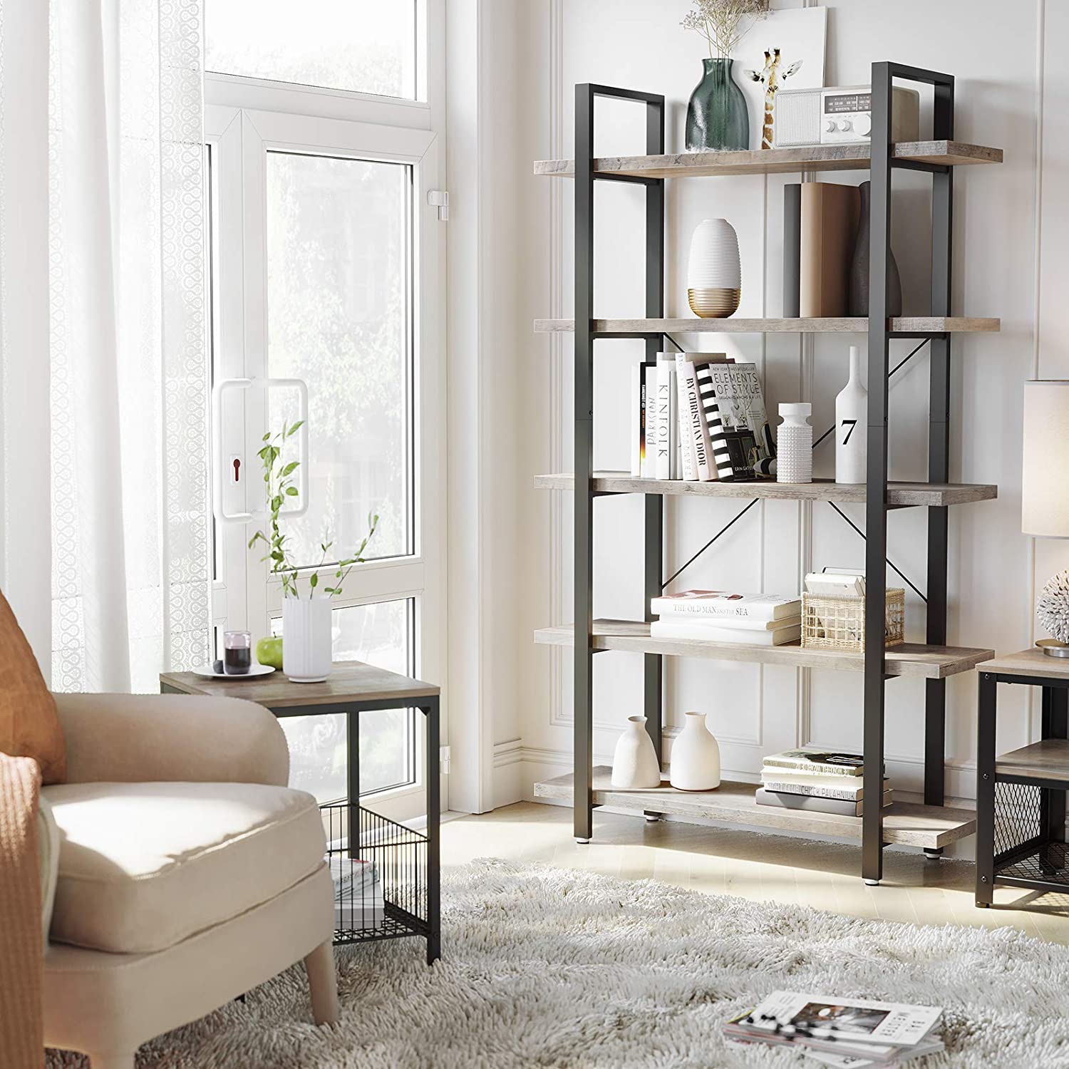 Nancy's Tacoma Boekenkast - Vintage Kast - Boekenkasten - 5 Lagen - Grijs/Zwart - 105 x 33,5 x 177,5 cm (L x B x H)