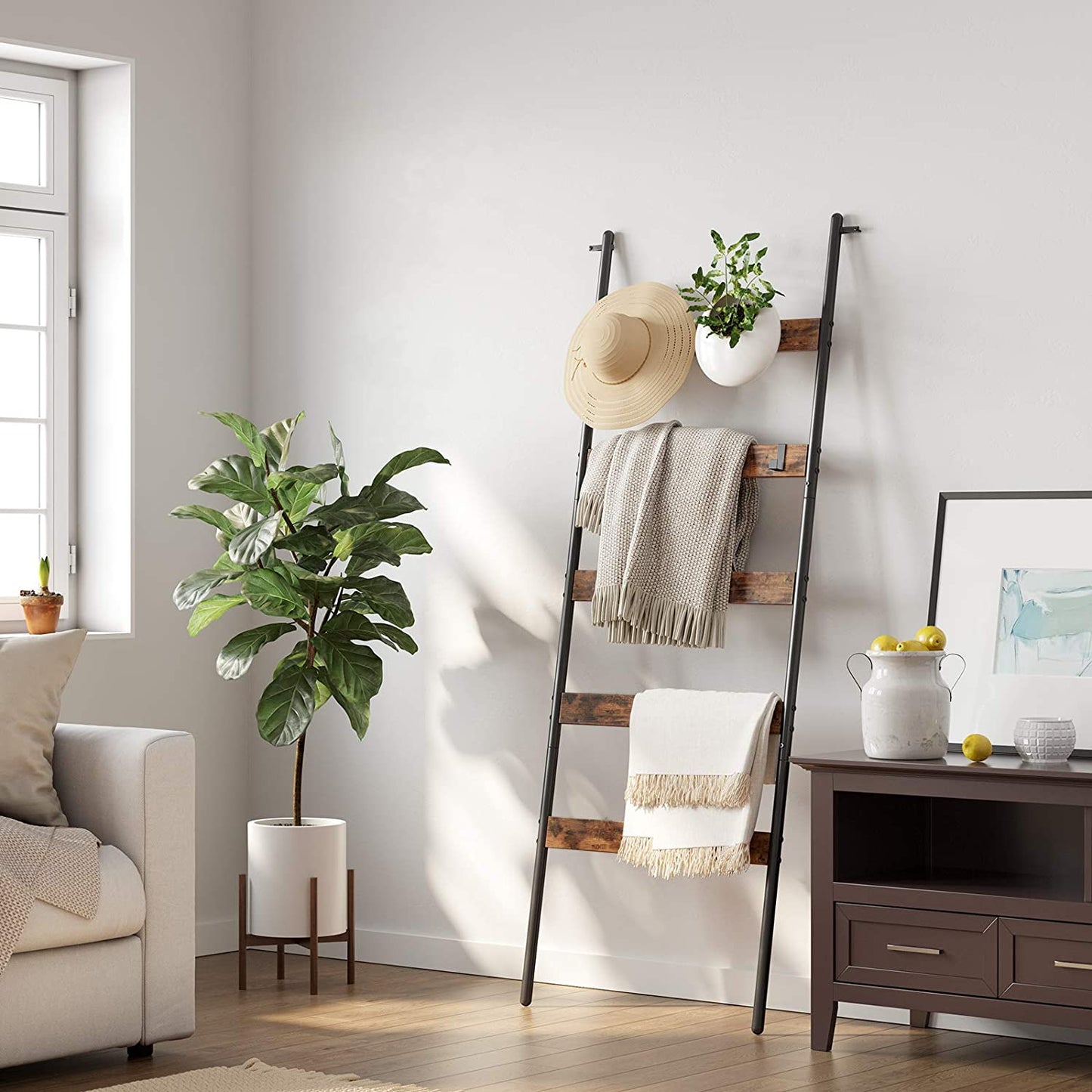 Nancy's Folgosa Handdoekenladder - Handdoekenrek - Badkamerrek - Ladderrek -Vintage Bruin / Zwart - ± 65 x 180 cm