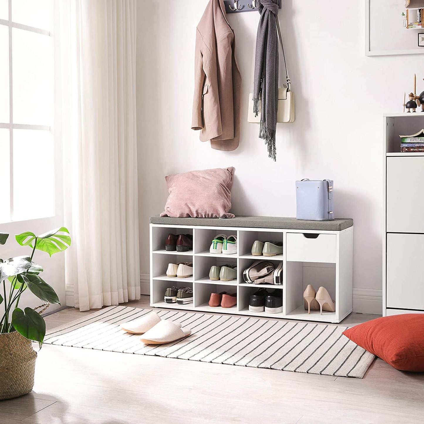Nancy's Lousa Schoenenbank - Schoenenkast - Schoenenrek - 10 Paar Schoenen - Wit / Grijs - 100 x 30 x 50 cm