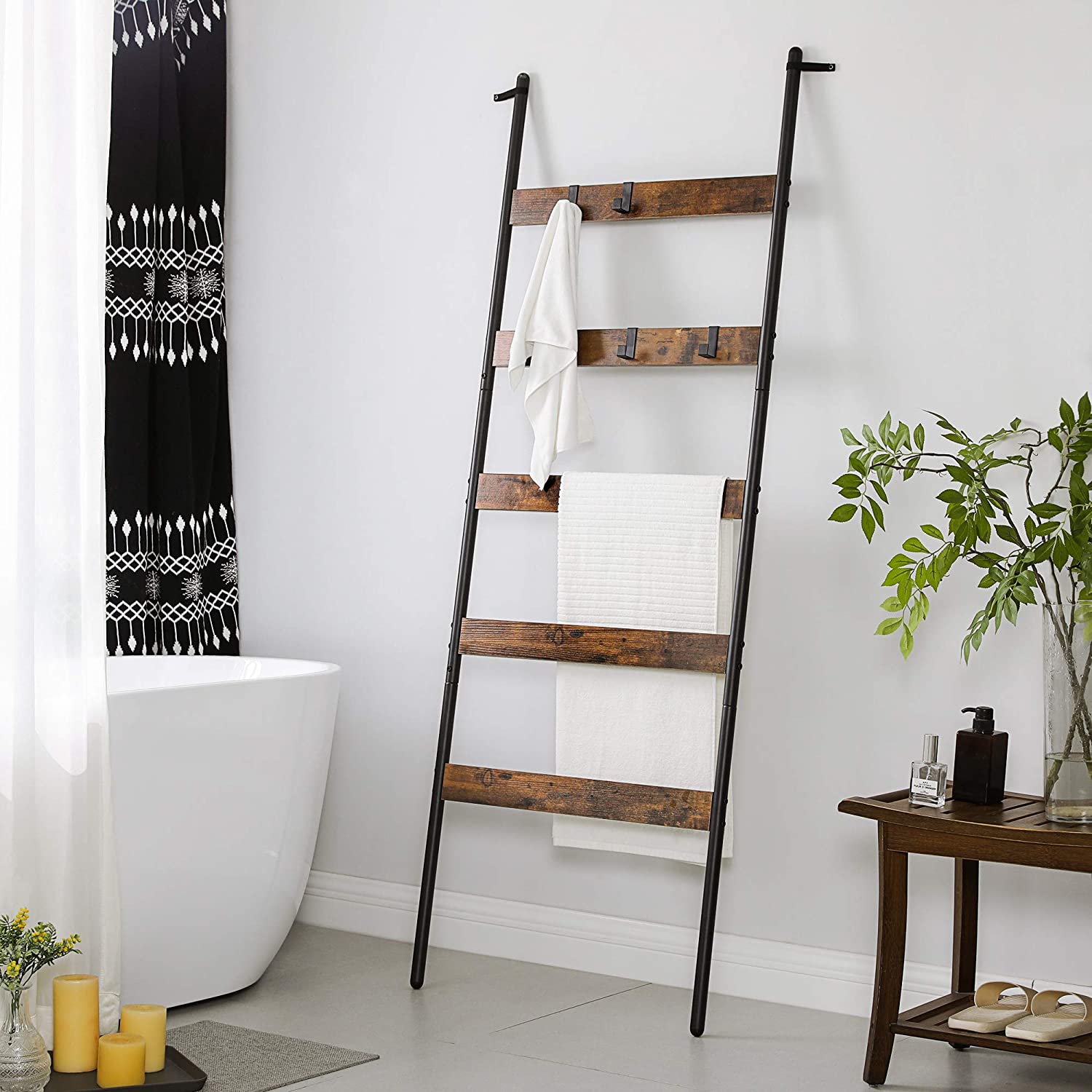 Échelle à serviettes Nancy's Folgosa - Porte-serviettes - Support de salle de bain - Porte-échelle -Vintage Marron / Noir - ± 65 x 180 cm