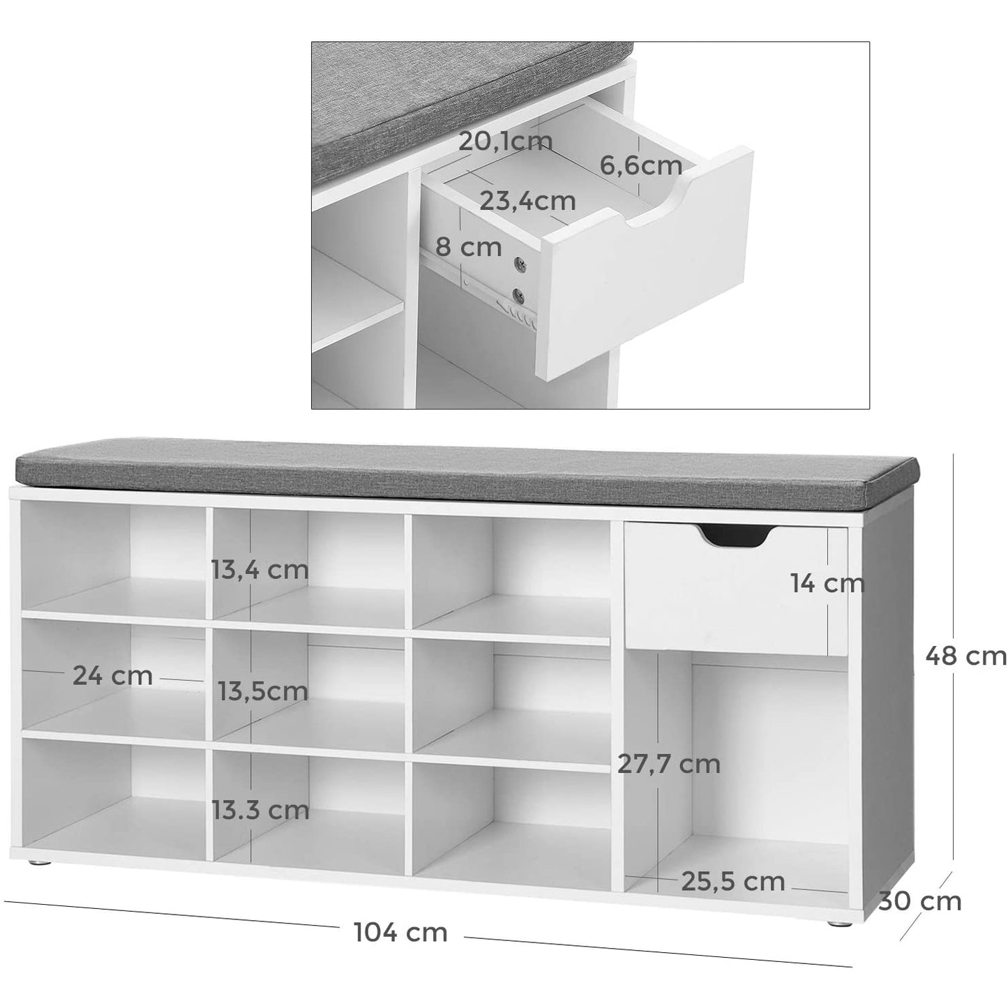 Nancy's Lousa Schoenenbank - Schoenenkast - Schoenenrek - 10 Paar Schoenen - Wit / Grijs - 100 x 30 x 50 cm