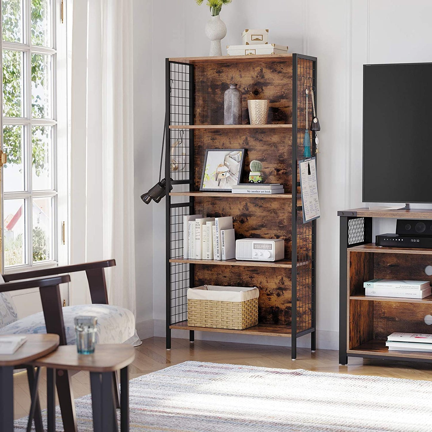 Nancy's Oxford Boekenkast - Wandkast - Opbergkast - Vintage Bruin / Zwart - ± 75 x 30 x 155 cm