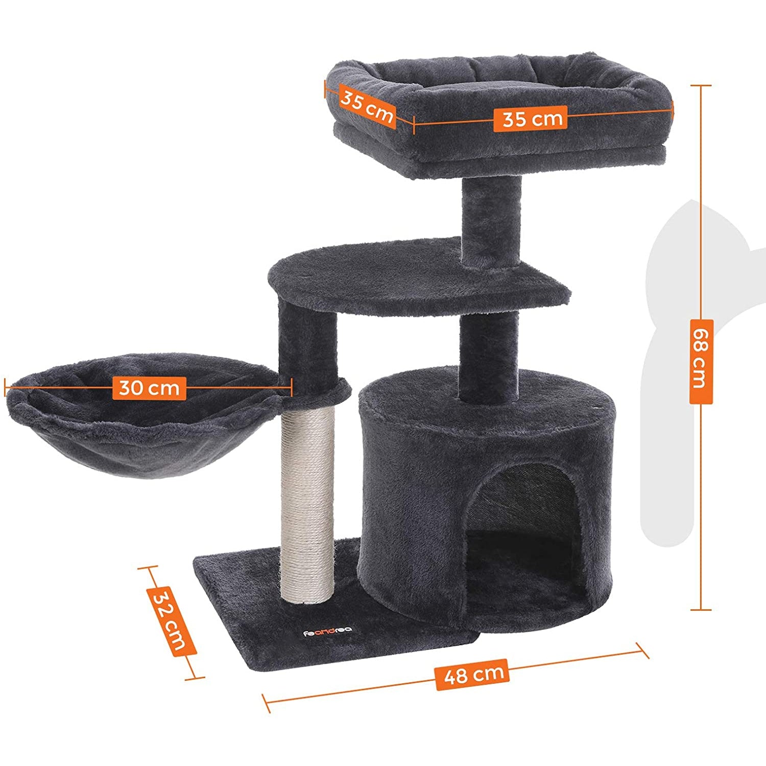 Nancy's Krabpaal - Krabpalen - Hangmat en Grot - Speelhuis Voor Katten - Rookgrijs - 48 x 32 x 68 cm (L x B x H)