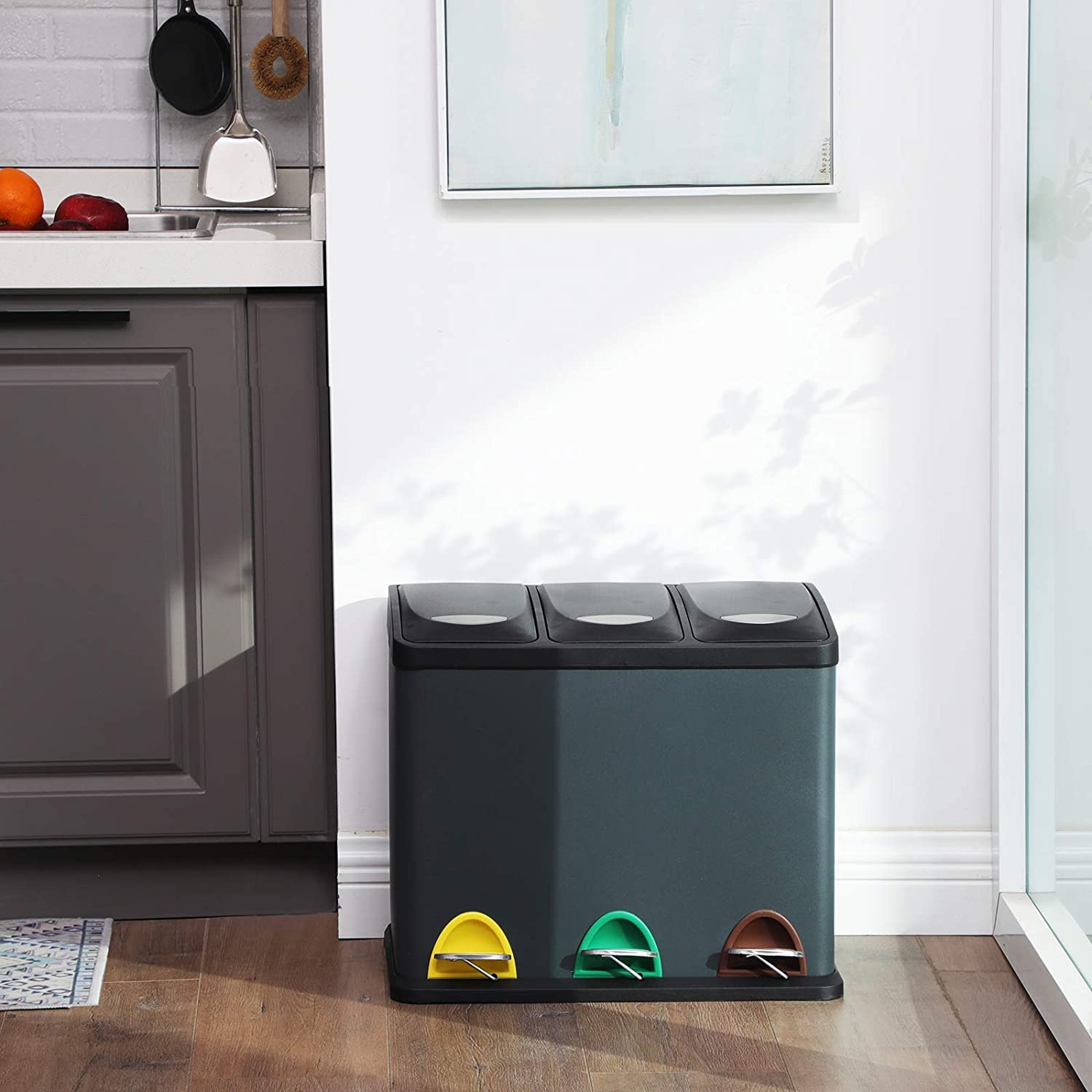 Poubelle Amendoa de Nancy - Tri des déchets - Poubelle à pédale - Poubelle - 3 en 1 - 24 Litres