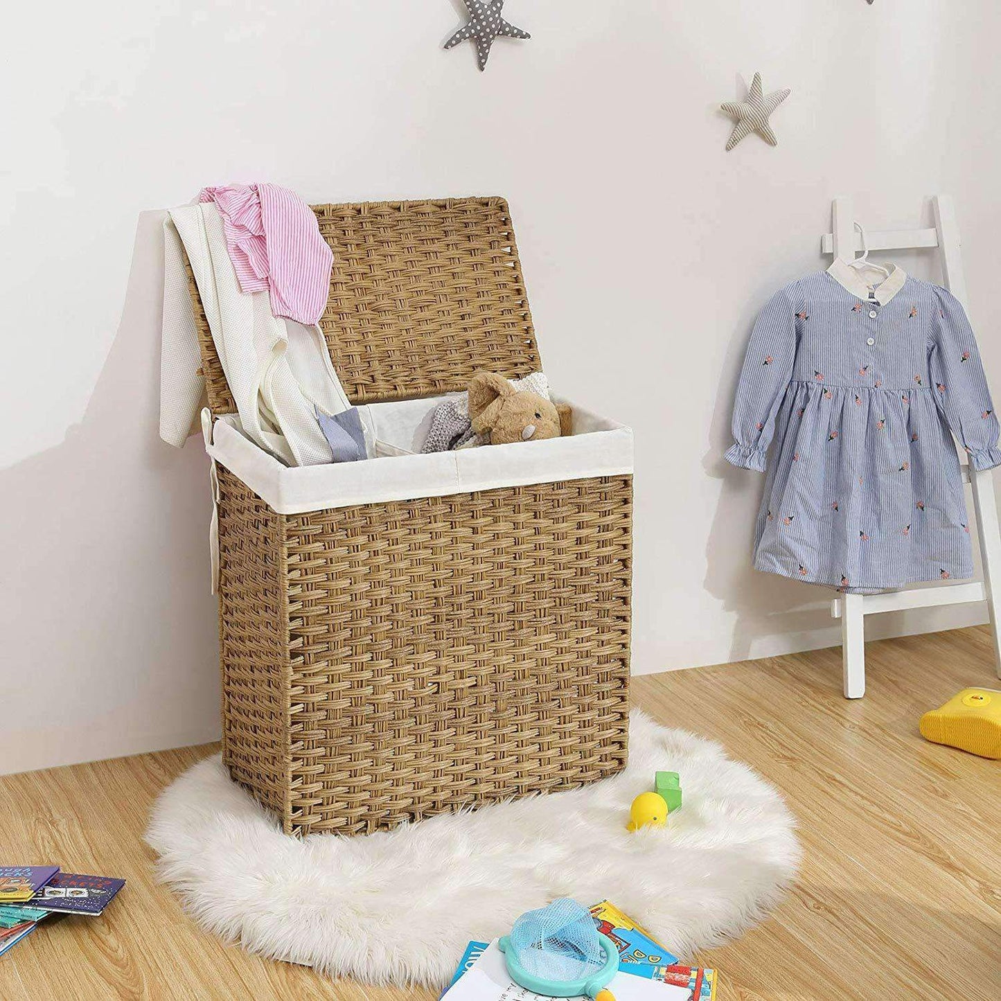 Nancy's bamboe wasmand met 2 vakken - 100L - Wasmanden met deksel - Handgevlochten - Bruin
