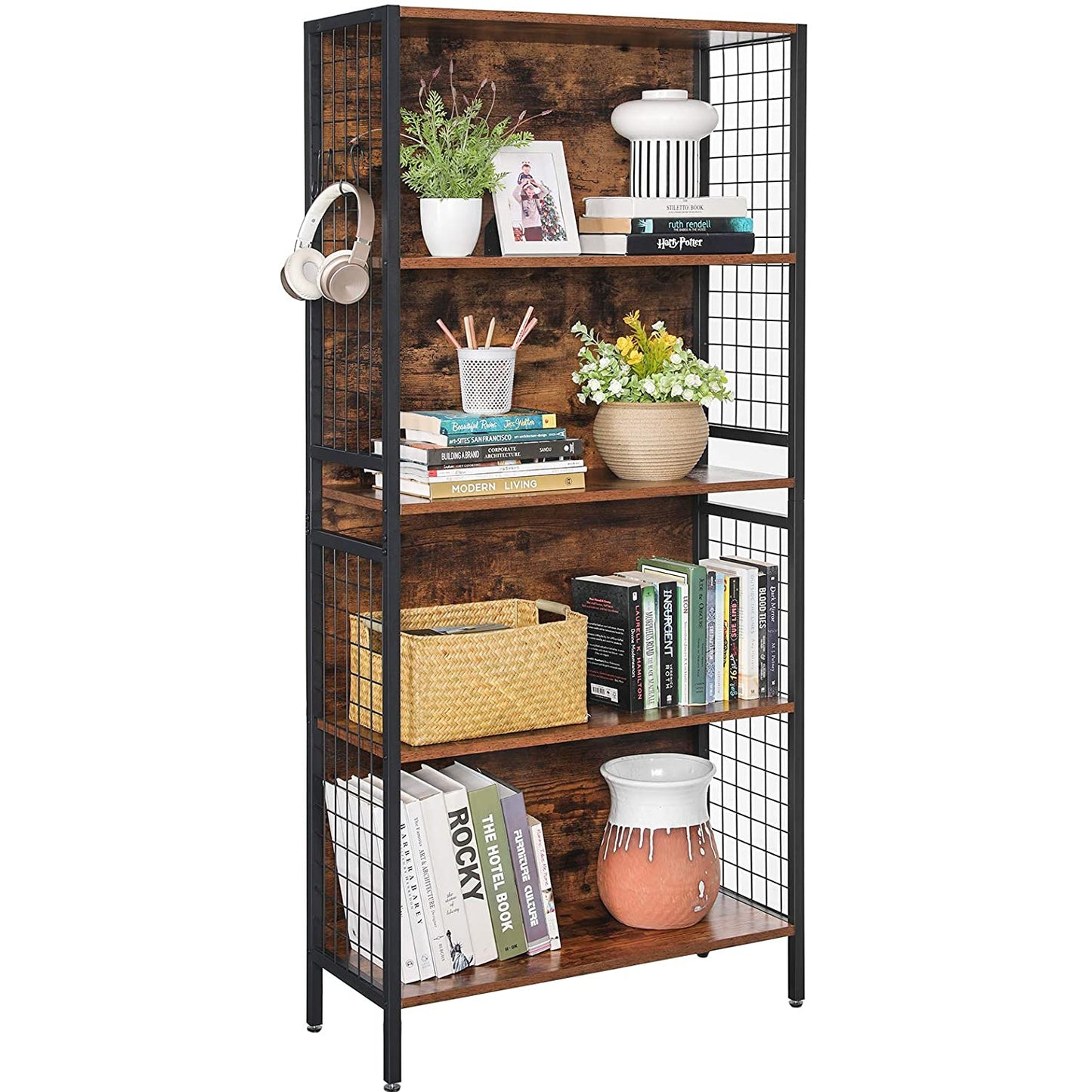 Nancy's Oxford Boekenkast - Wandkast - Opbergkast - Vintage Bruin / Zwart - ± 75 x 30 x 155 cm