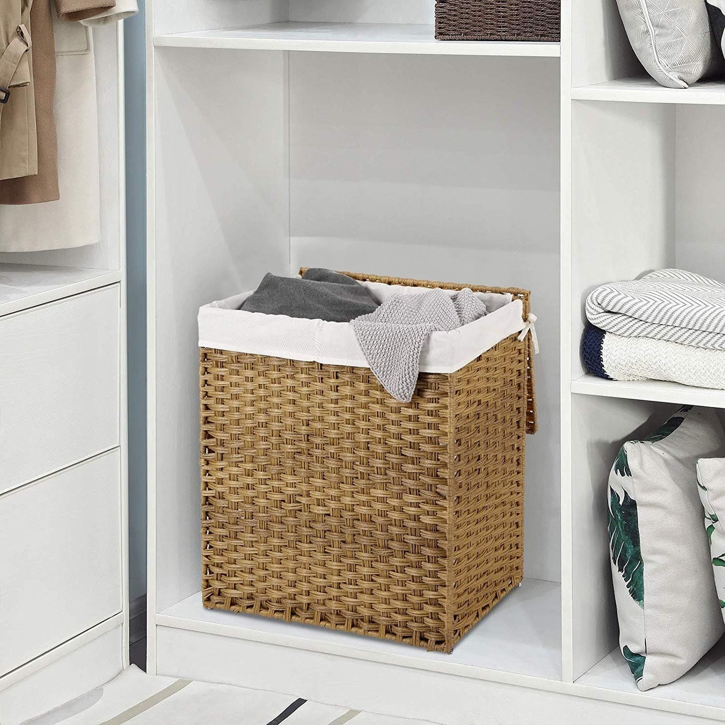 Nancy's bamboe wasmand met 2 vakken - 100L - Wasmanden met deksel - Handgevlochten - Bruin