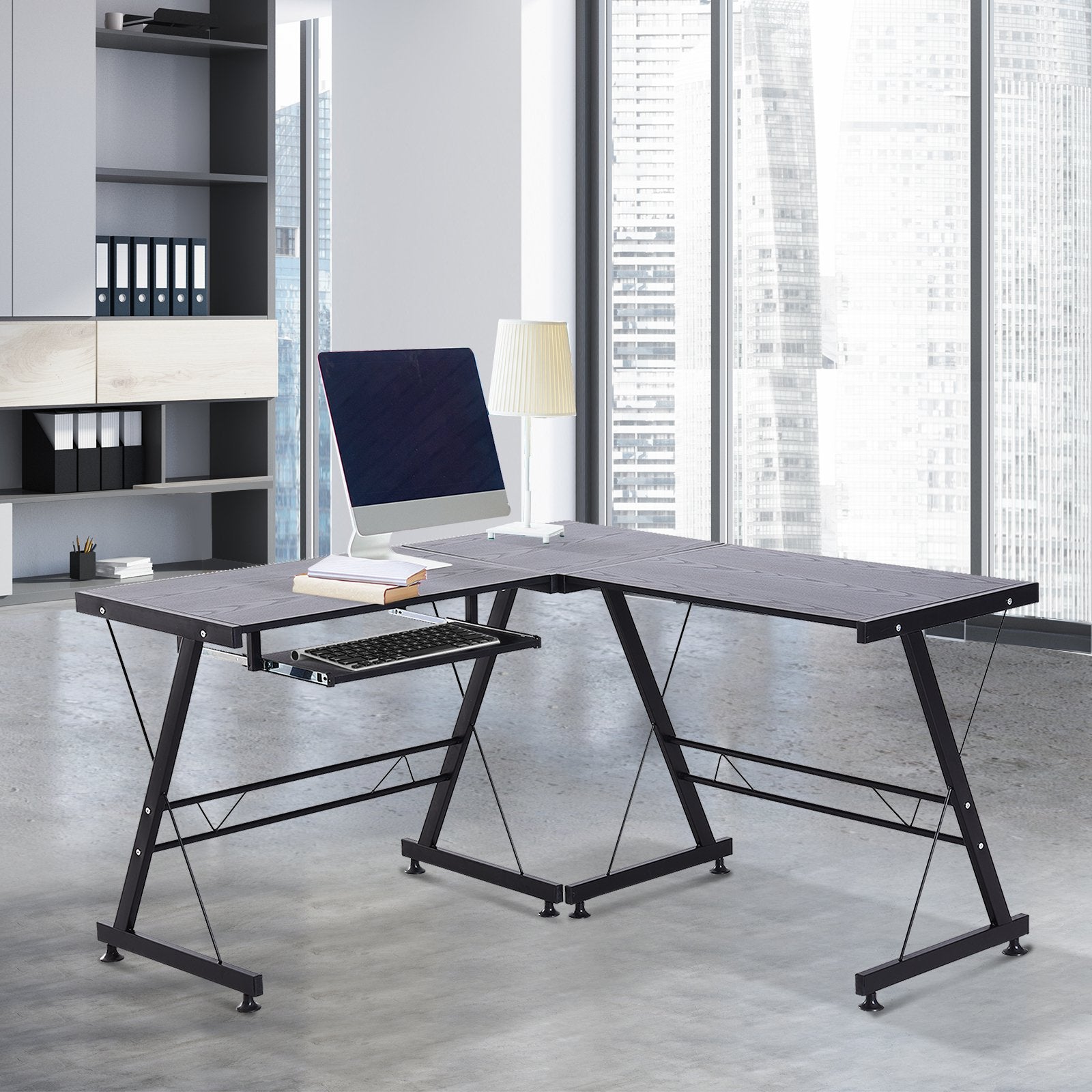 Nancy's Faribault Bureau - Hoekbureau - In Hoogte Verstelbaar - L-Vorm - 130 x 130 x 73 cm - Zwart - MDF - Staal