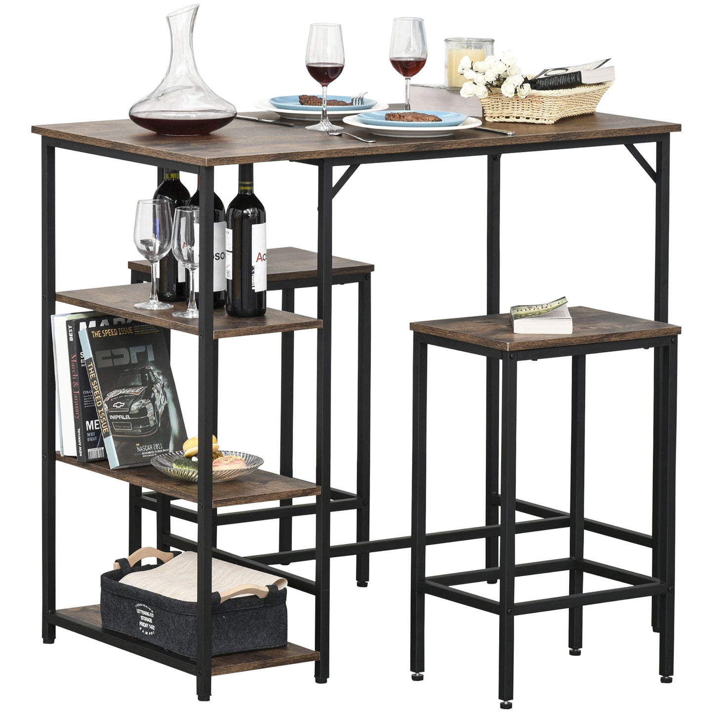 Nancy's Laie Bartafelset - Bar Set - 2 Barkrukken - Hoge Tafel - Staal - Zwart/Bruin - 109 x 60 x 100 cm