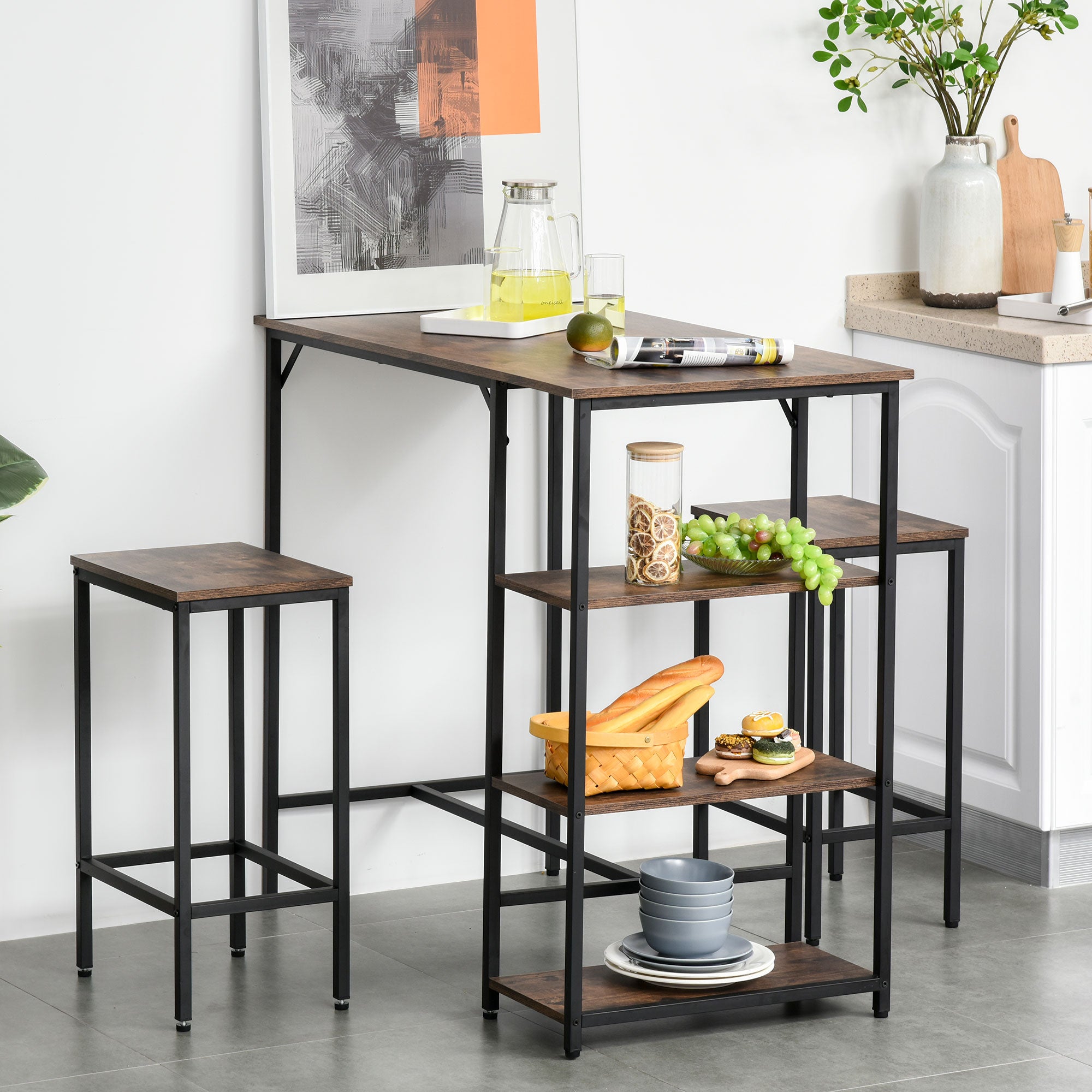 Ensemble de table de bar Nancy's Laie - 2 tabourets de bar - Table haute - Acier - Noir/Marron - 109 x 60 x 100 cm