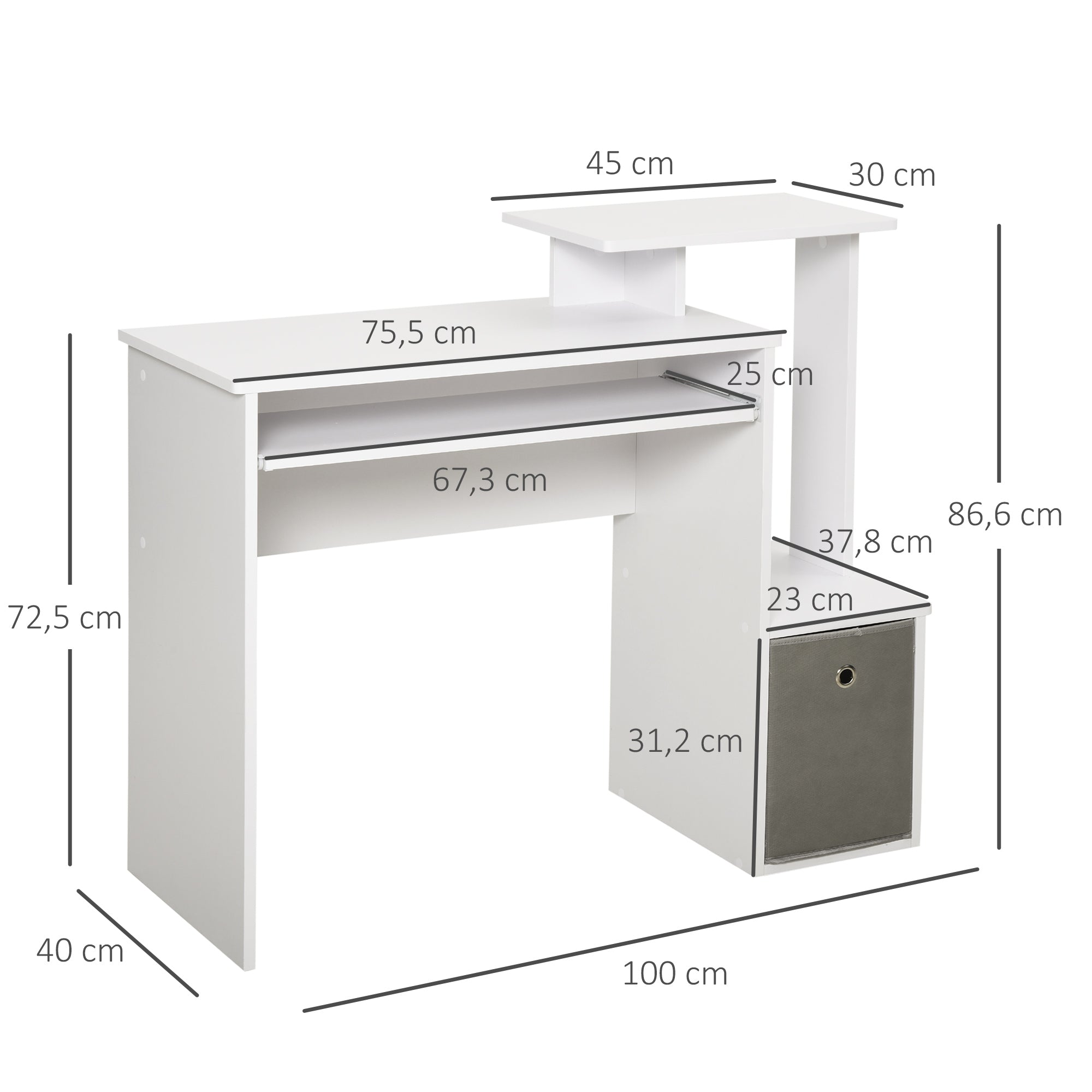 Nancy's Warsaw Bureau - Computertafel - Uitschuifbaar Tafelblad - Kantoortafel - Wit - 100 x 40 x 86,6 cm