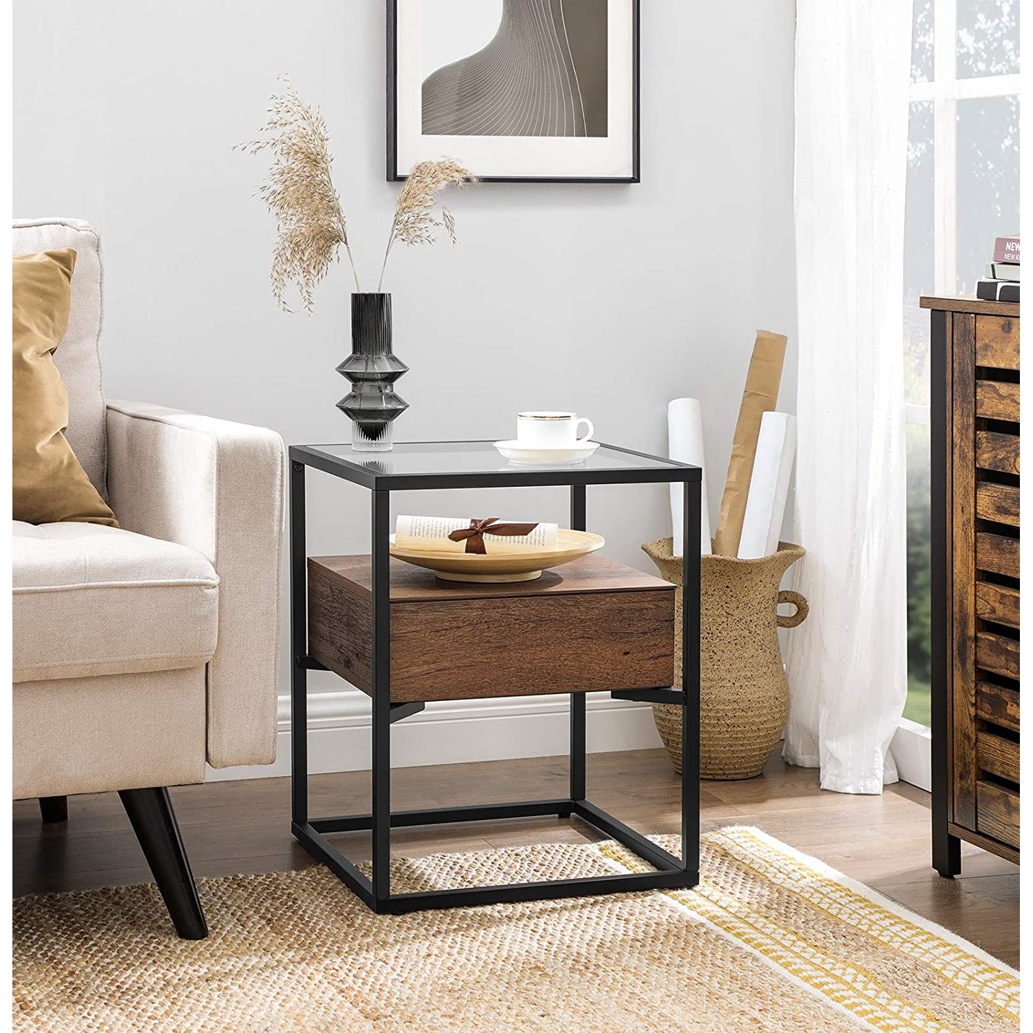 Table d'appoint Pullman de Nancy avec plateau en verre - Table de chevet avec tiroir - Tables de chevet - Industriel - 43 x 43 x 54 cm