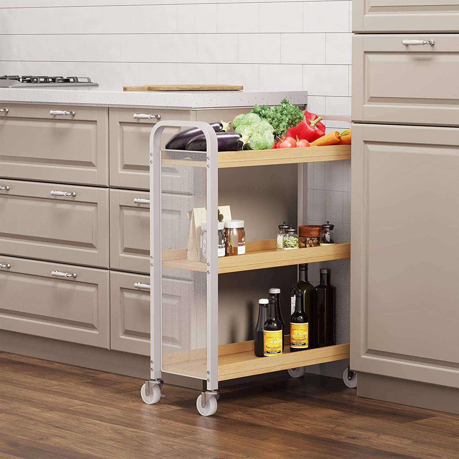 Nancy's Keukenwagen - Serveerwagen - Keukentrolleys - Wit en Beige - Industrieel - 66 x 26 x 85 cm
