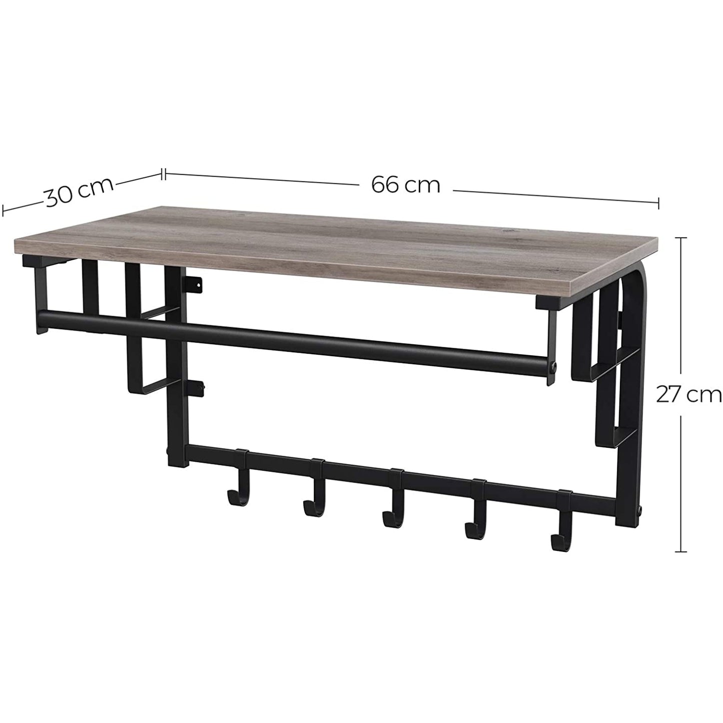 Nancy's Ellensburg WandKapstok - Met 5 Haken - Ophangrail En Opbergrek - Wandkapstok - 66 x 27 x 30 cm B x H x D