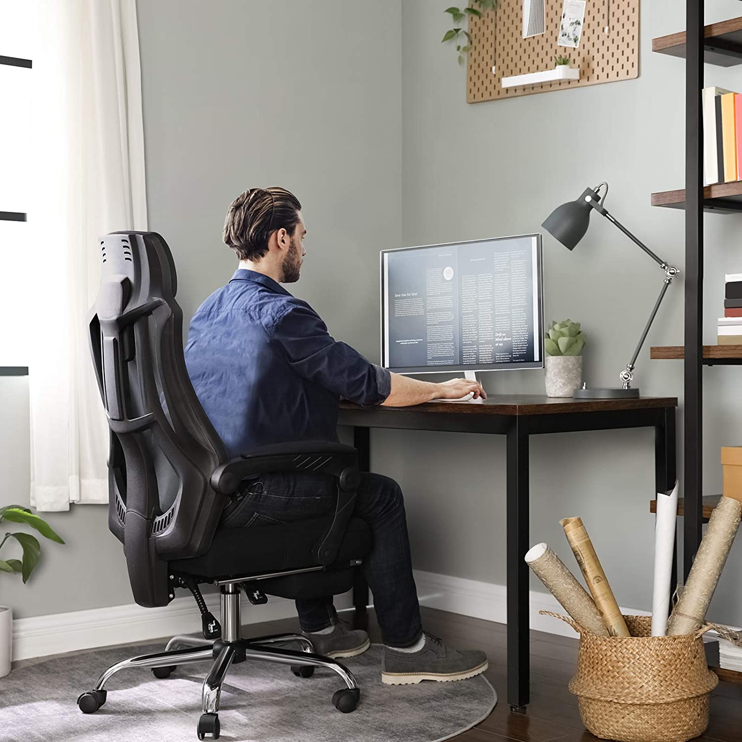 Nancy's Bryson Park Bureaustoel - Bureaustoelen - Kantelbare Vloerkleedleuningen - Ergonomisch - Zwart/Wit - 70 x 74 x (115-125) cm (L x B x H)