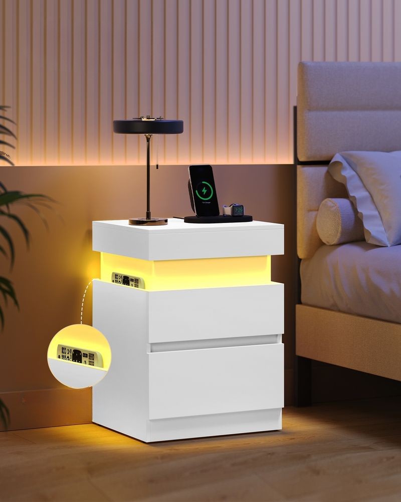 Nancy's Postua Nachtkastjes - Set van 2 - Oplaadstation - LED-Verlichting - Wit - ± 40 x 35 x 55 cm