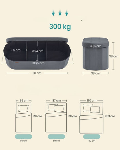 Nancy's Prali Opbergbank - Bankje met opbergruimte - 110 Liter - Grijs - Fluweel - ± 110 x 40 x 40 cm