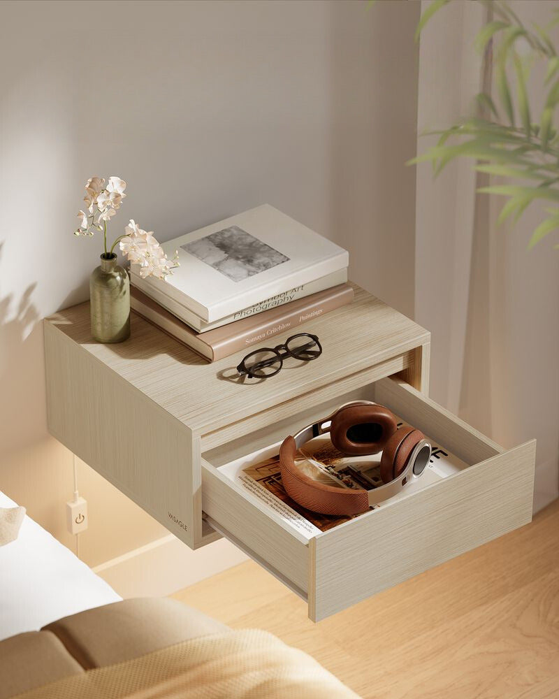 Nancy's Bova Nachtkastjes Set van 2 - Zwevende Lades - Met verlichting in 3 kleuren - Beige - ± 40 x 35 x 20 cm 