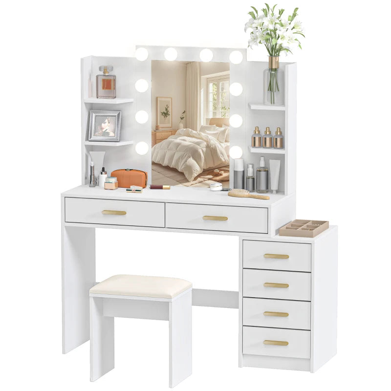 Nancy's Pontboset Kaptafel met Kruk - Make Up Tafel met Verlichting - Hollywood Spiegel - Wit - 120 x 40 x 140 cm