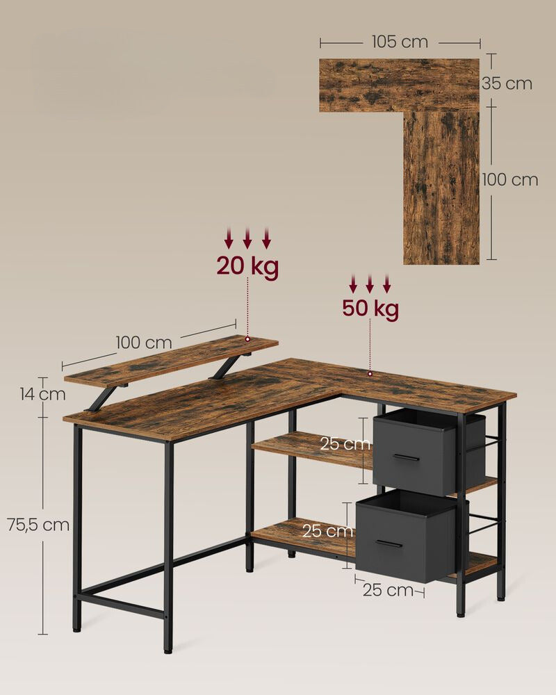 Nancy's Arrzachena Hoekbureau - Computertafel - Laptoptafel - Bureau - Bruin - ± 105 x 135 x 90 cm