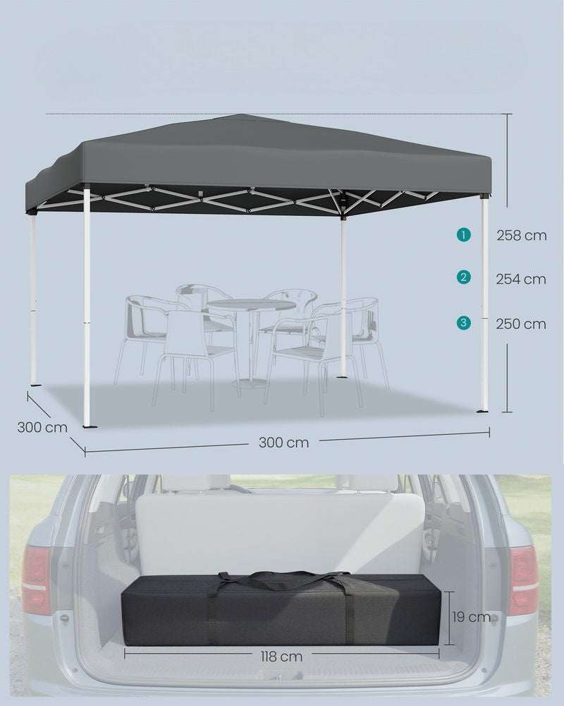 Nancy's Rubano Partytent - Tuintent - Opvouwbaar frame - Zonwering - Draagbaar - Grijs - ± 300 x 300 x 260 cm