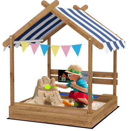 Nancy's Donnini Zandbak - Kinderzandbak - Met Dak - Bruin / Wit - Dennenhout - ± 125 x 115 x 145 cm