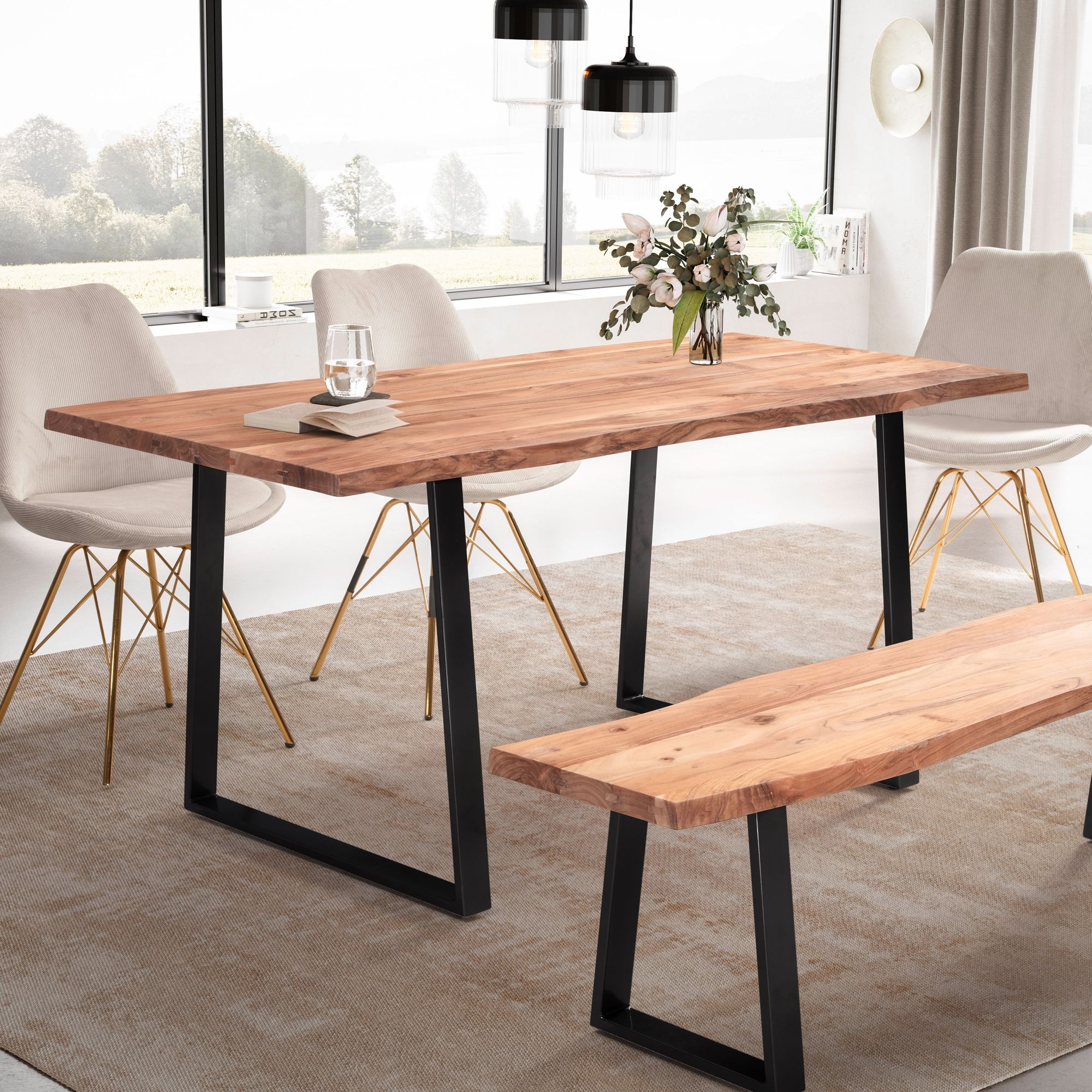 Table à manger Valmaior de Nancy - Table de salle à manger - Table de cuisine - Bois d'acacia / Acier - ± 160 x 80 x 75 cm