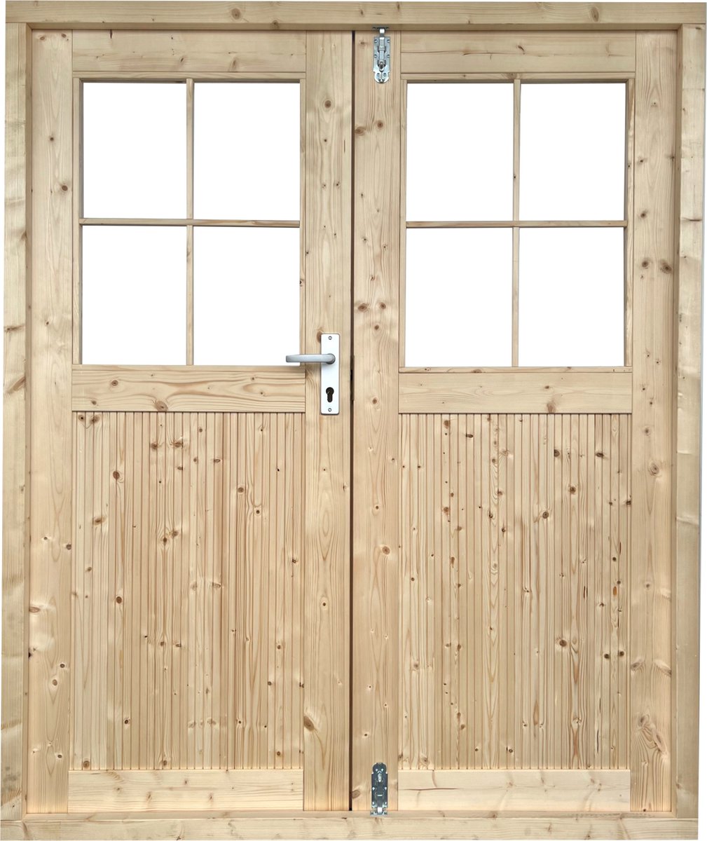 EASTWALL Portes doubles en rondins en bois de pin 171 x 180 cm Porte de jardin avec charnières et serrures, cadres inclus
