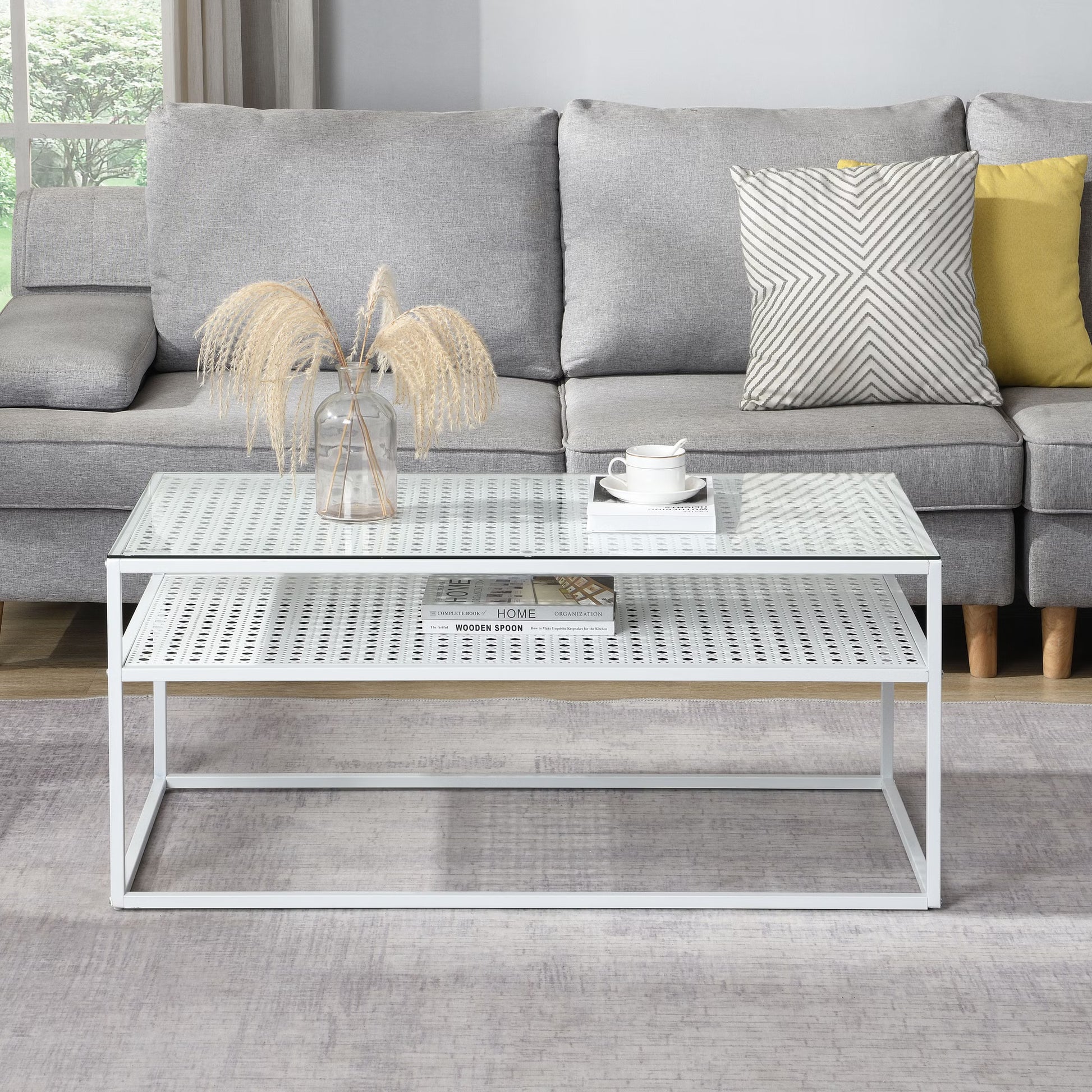 Nancy's Pralungo Salontafel - Koffietalel - Wit / Glas - 100 x 50 x 45 cm