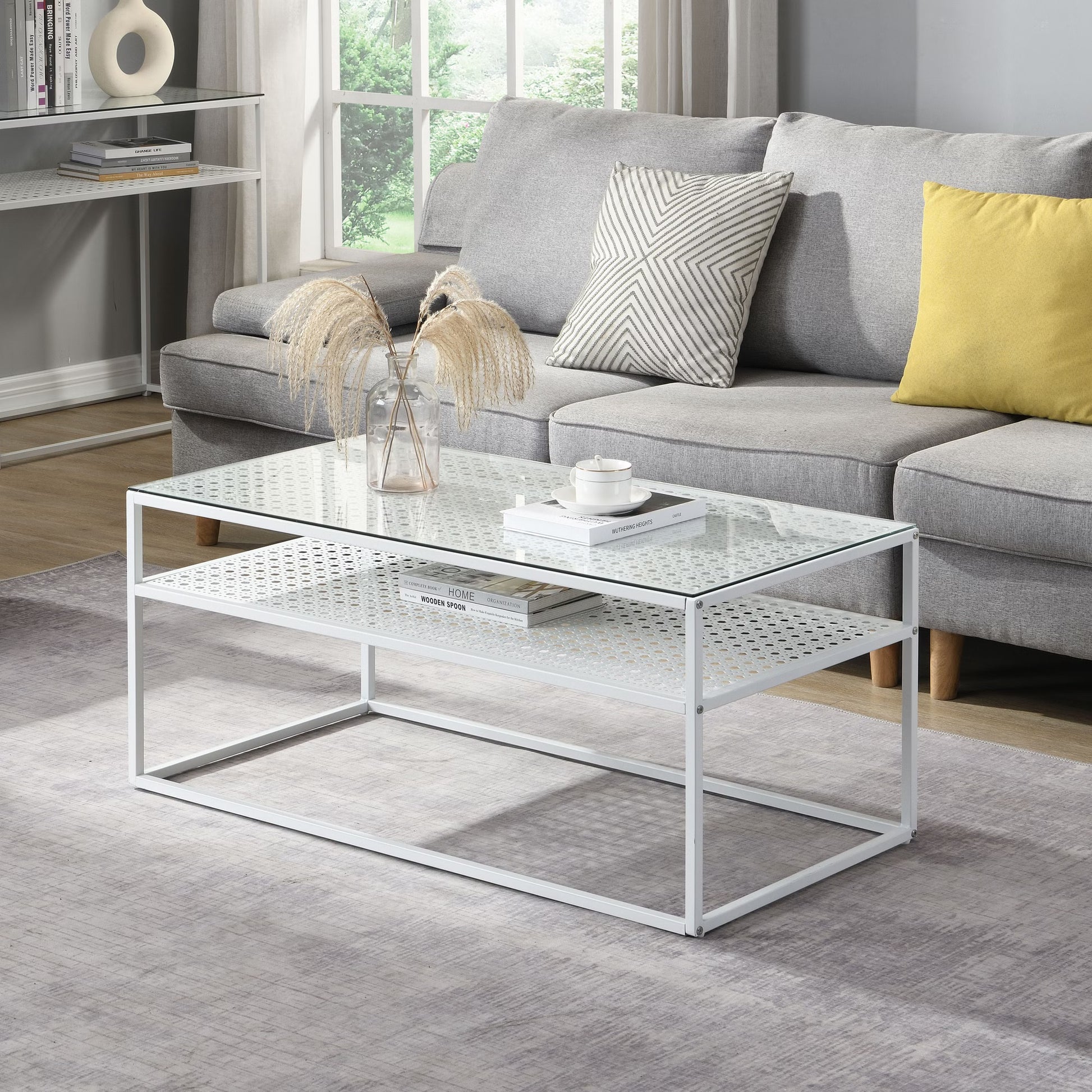 Nancy's Pralungo Salontafel - Koffietalel - Wit / Glas - 100 x 50 x 45 cm