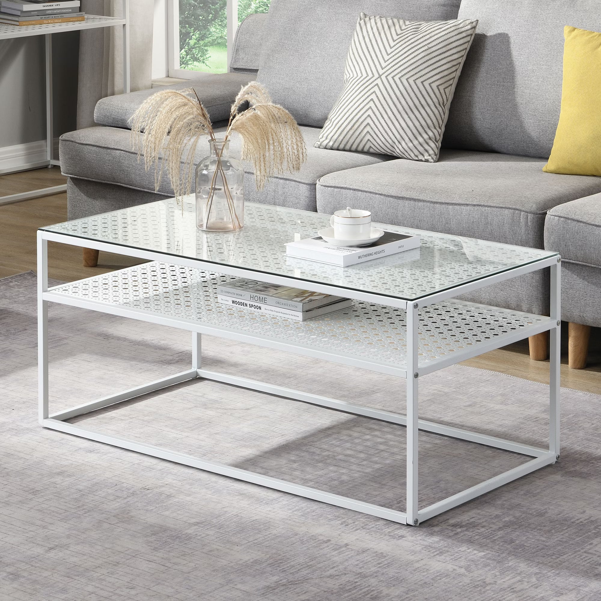 Nancy's Pralungo Salontafel - Koffietalel - Wit / Glas - 100 x 50 x 45 cm