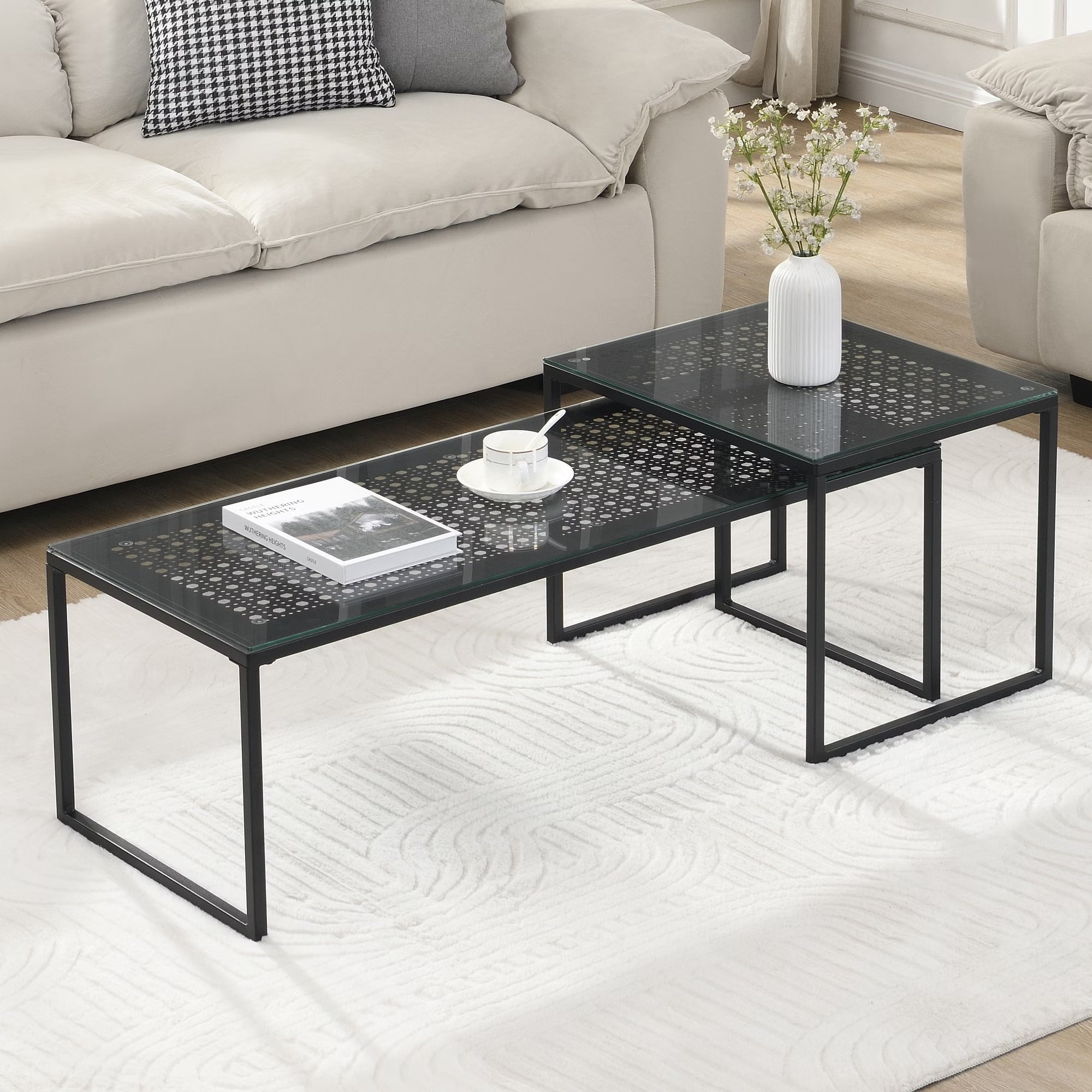 Nancy's Predazzo Salontafel Set - Koffietafels - Bijzettafels - Zwart - Glas / Staal